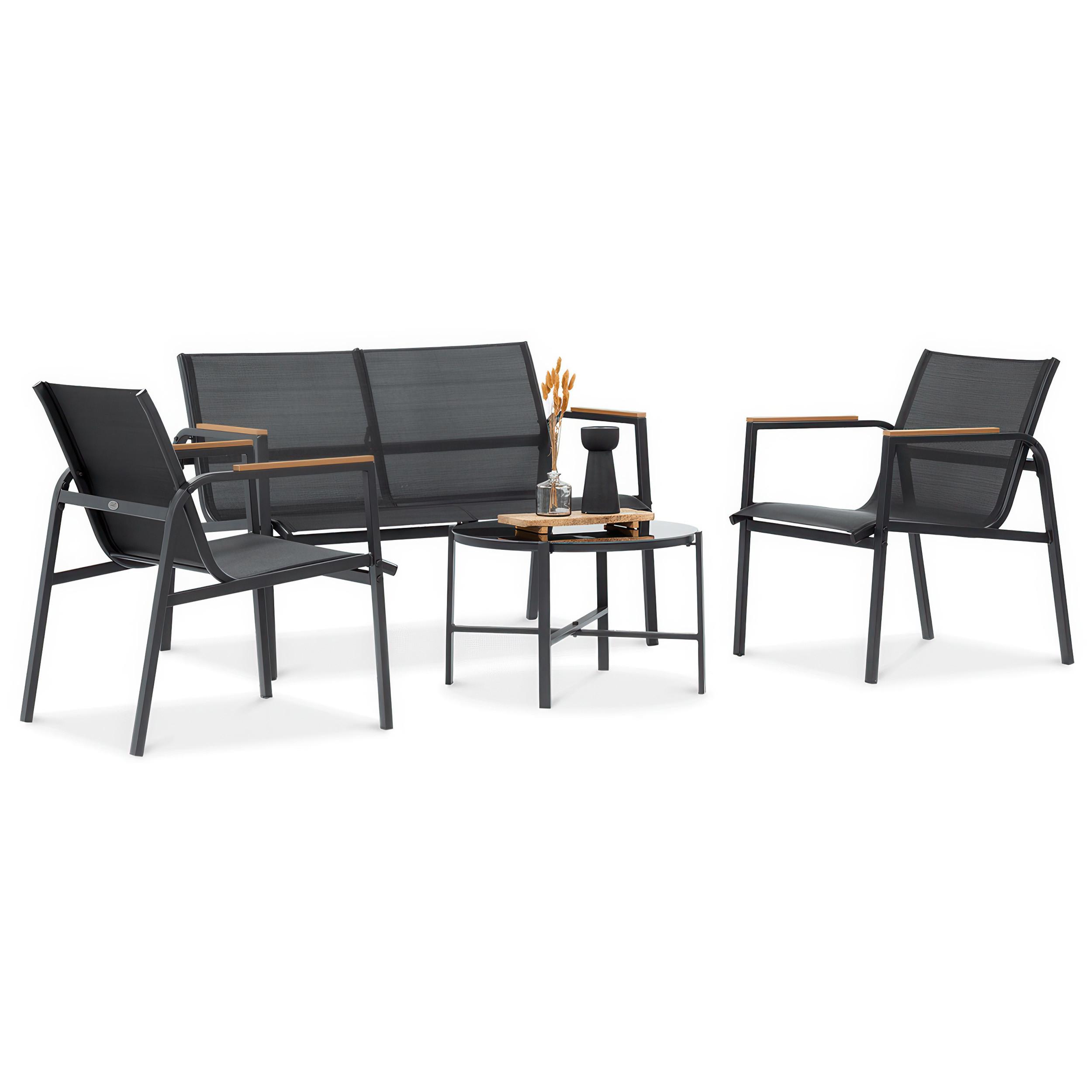 GARTENSET Thaiti, 2-Sitzer-Sofa + 2 Sessel + Couchtisch, Polywood-Armlehnen, Schwarz - Schwarz, Metall - Beautysofa
