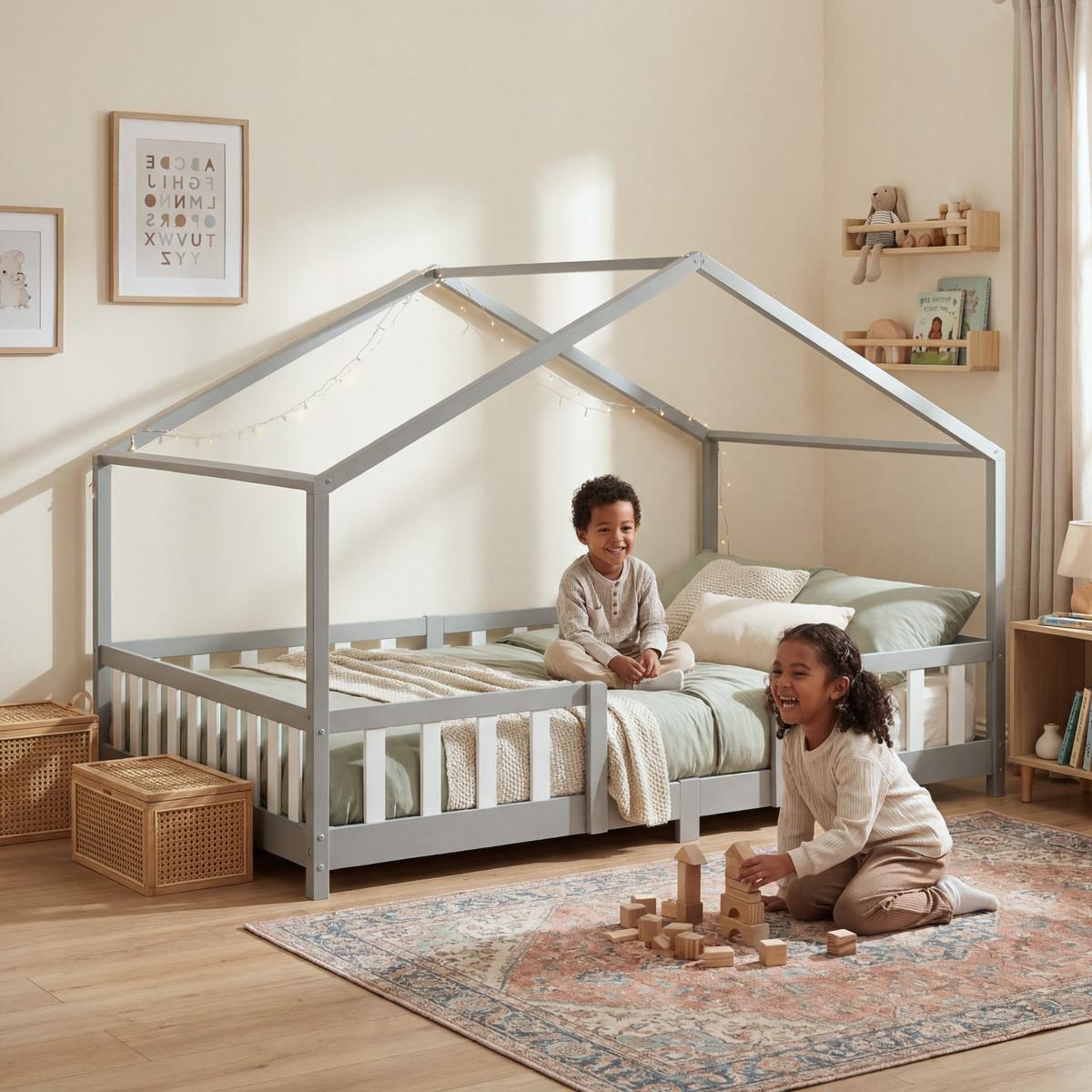 HAUSBETT Treviolo - Hellgrau/Weiß, Holz (120/200cm) - [en.casa]