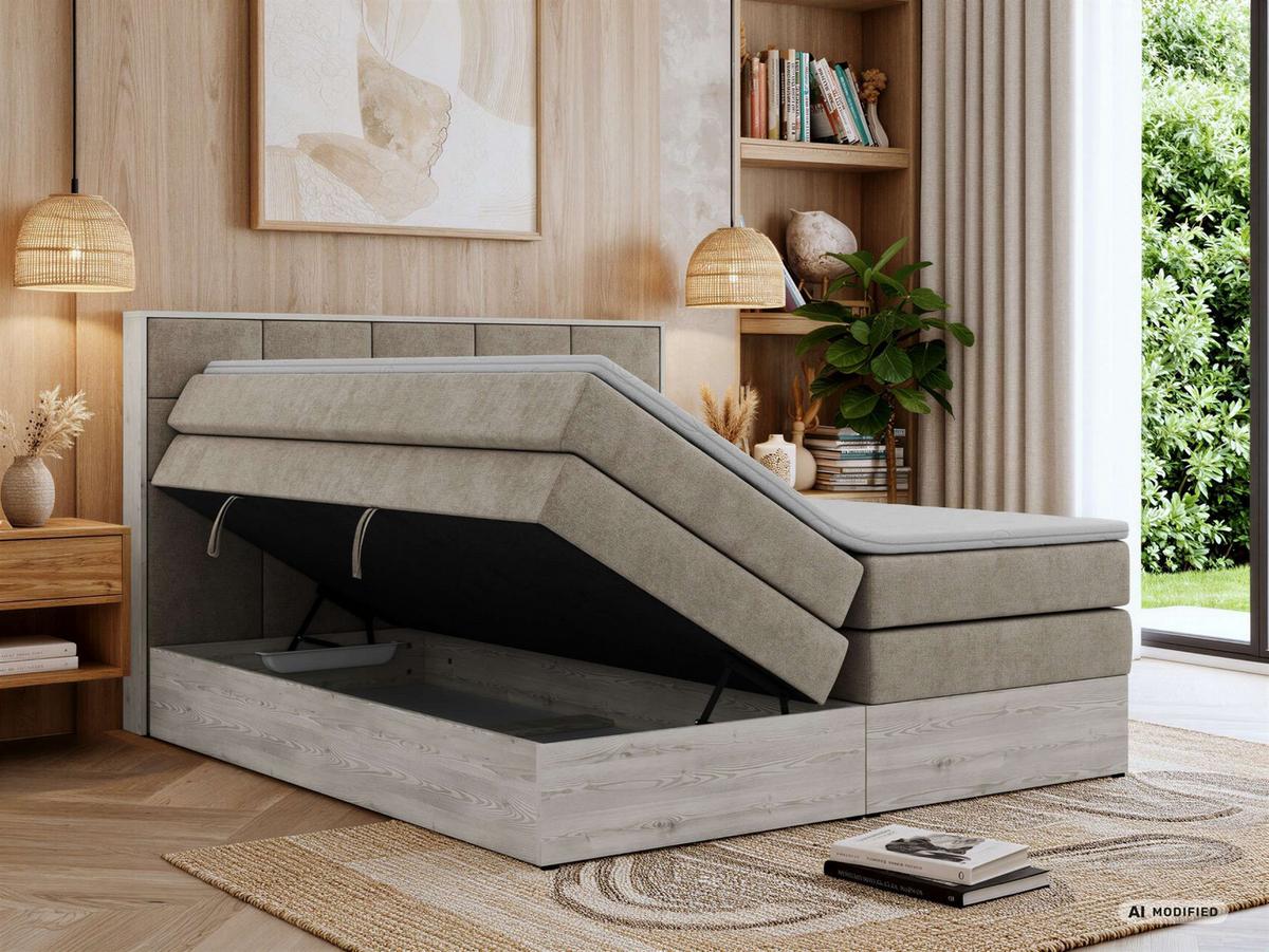 BOXSPRINGBETT ALNOR KING 140/200 - Greige Stukture - Topper Visco - H4 - Greige/Schwarz, Kunststoff/Textil (140/200cm) - MKS