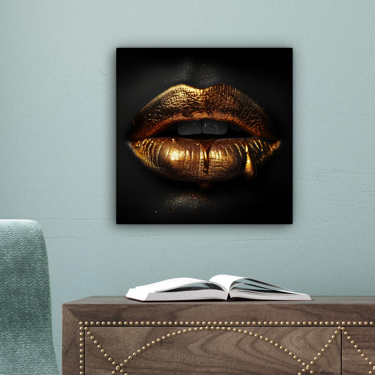 LEINWANDBILD Frau - Porträt - Lippen - Gold - Schwarz Deko Wohnzimmer 20x20 cm - Schwarz, Textil (20/20cm) - MuchoWow