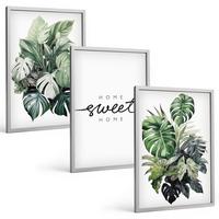 BILDER SET 3er Set - 40x60 cm Silberner Rahmen - Pflanzen mit der Aufschrift „Sweet Home“ - Silberfarben, Kunststoff (40/60cm) - TULUP