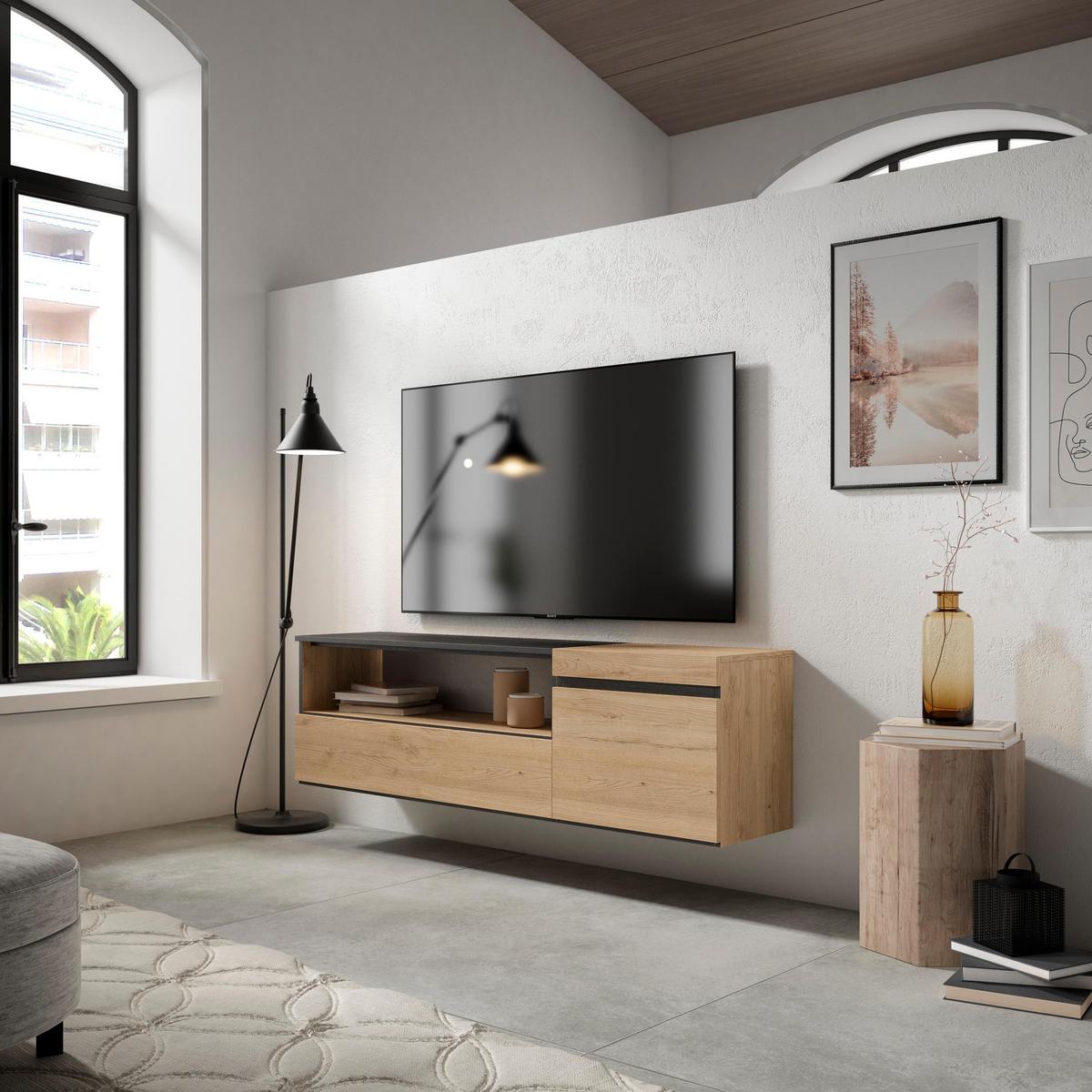 TV-SCHRANK eiche, schwarz, Hängend, 150/35/45cm - Naturfarben, Holzwerkstoff (150/45/35cm) - Skraut Home