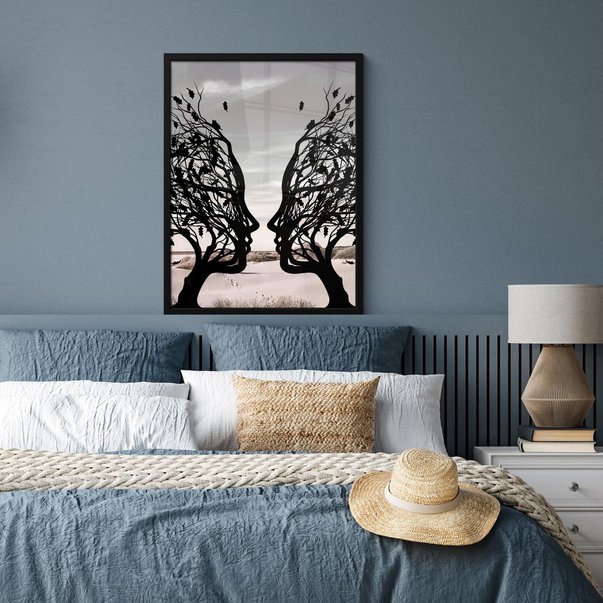 POSTER MIT RAHMEN Strand - Meer - Menschen - Baum - Moderne Kunst Posterleiste 60x80 cm - Hellgrau, Papier (60/80cm) - MuchoWow