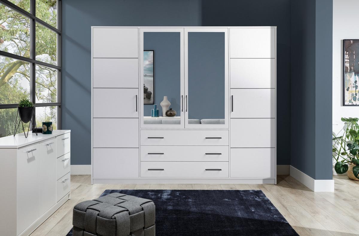 DREHTÜRENSCHRANK ELISE 240/200/57,5 cm 4-türig mit Spiegel Weiß - Weiß, Holzwerkstoff (240/200/57.5cm) - MASSENO
