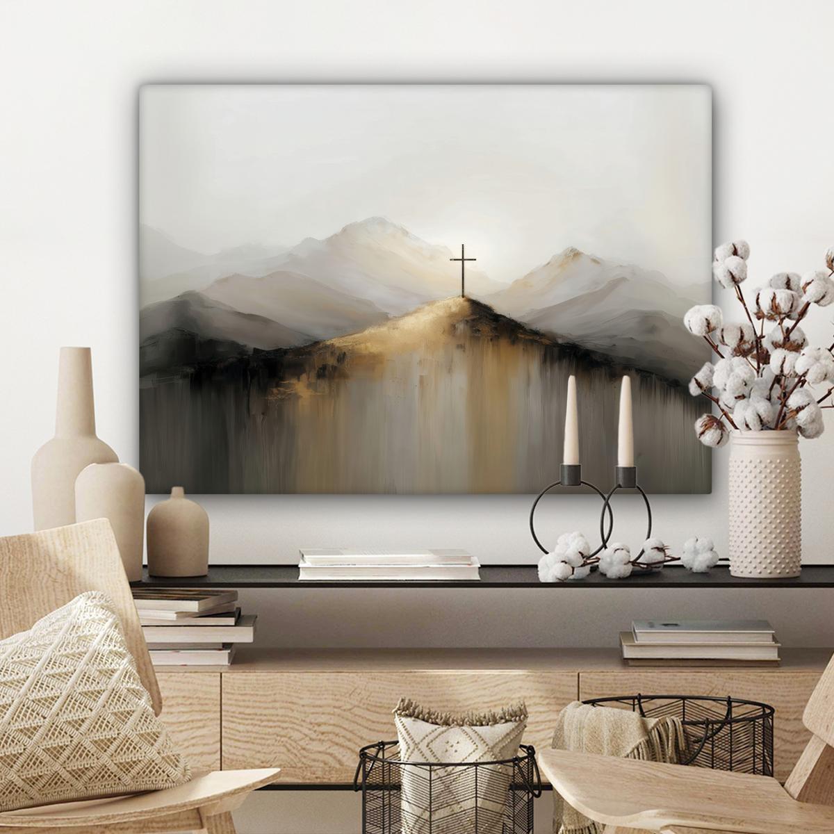 LEINWANDBILD Hügel - Abstrakt - Kreuz - Christentum Wandbilder 80x60 cm - Beige, Textil (80/60cm) - MuchoWow