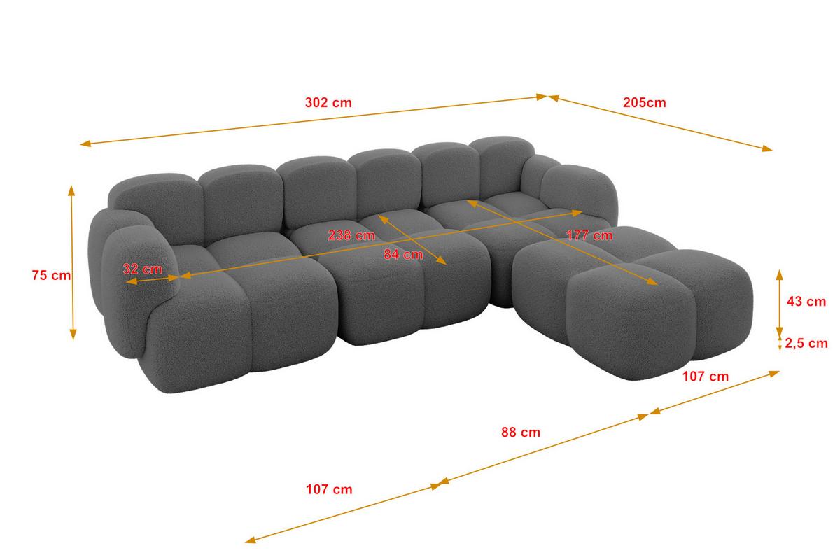 ECKSOFA modulares Sofa Rechts Miko-L2 302x205x75 Grau Bouclé - Chromfarben/Schwarz, Holzwerkstoff/Kunststoff (302/205cm) - ALTDECOR