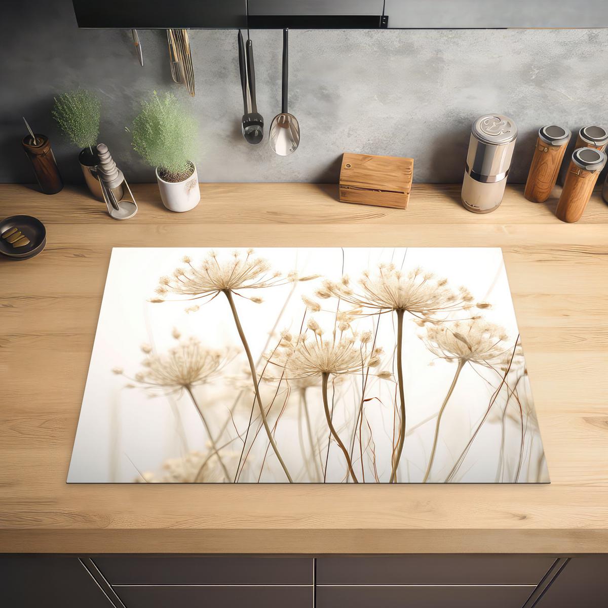HERDABDECKPLATTE Blumen - Weiß - Sonnenlicht Herdabdeckung Induktionsfeld 75x52 cm - Ecru, Kunststoff (75/52/0.2cm) - MuchoWow