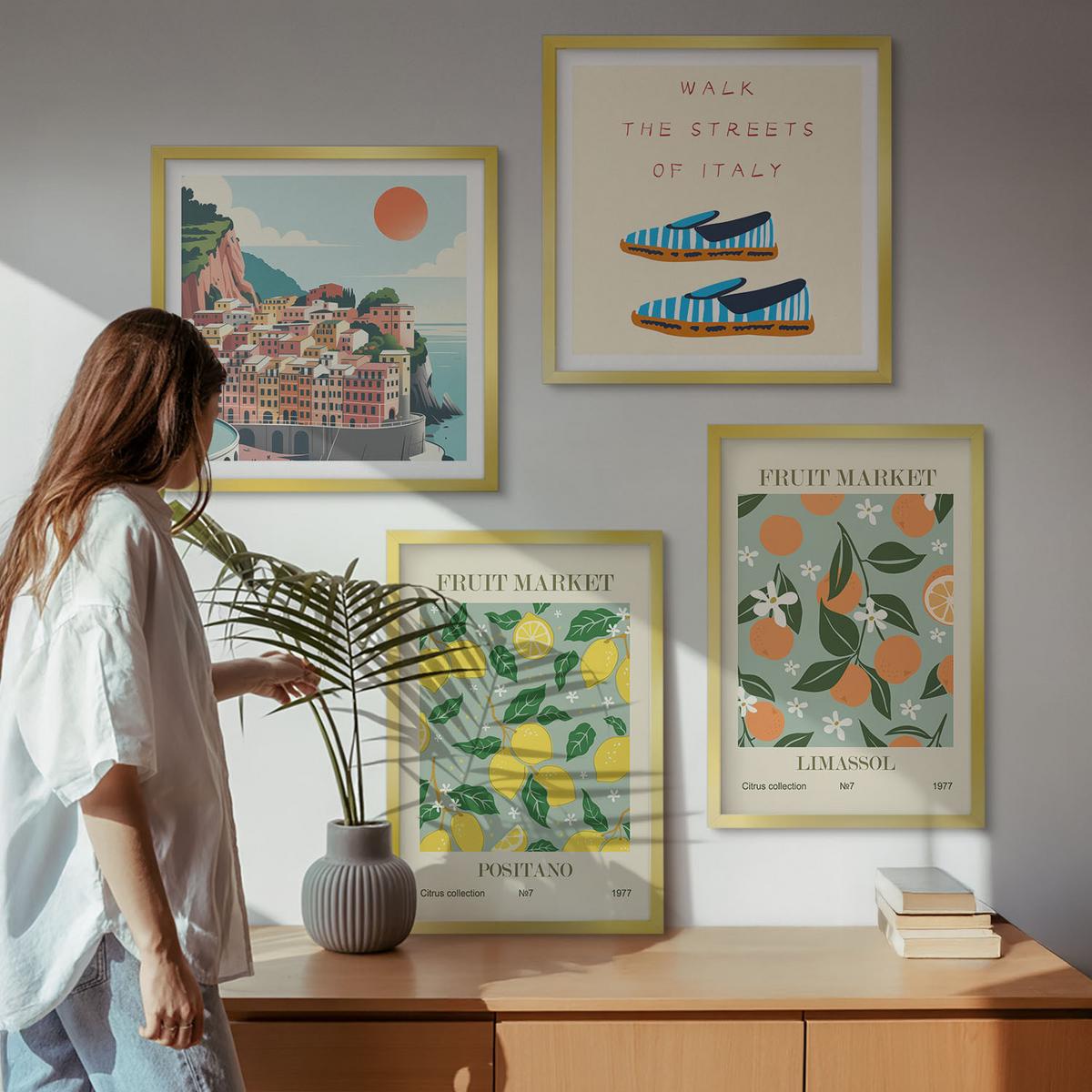 BILDER SET 4er Set - 50x50 cm & 40x60 cm Goldrahmen - Fruchtmuster der italienischen Kultur - Goldfarben, Kunststoff (50/50cm) - TULUP