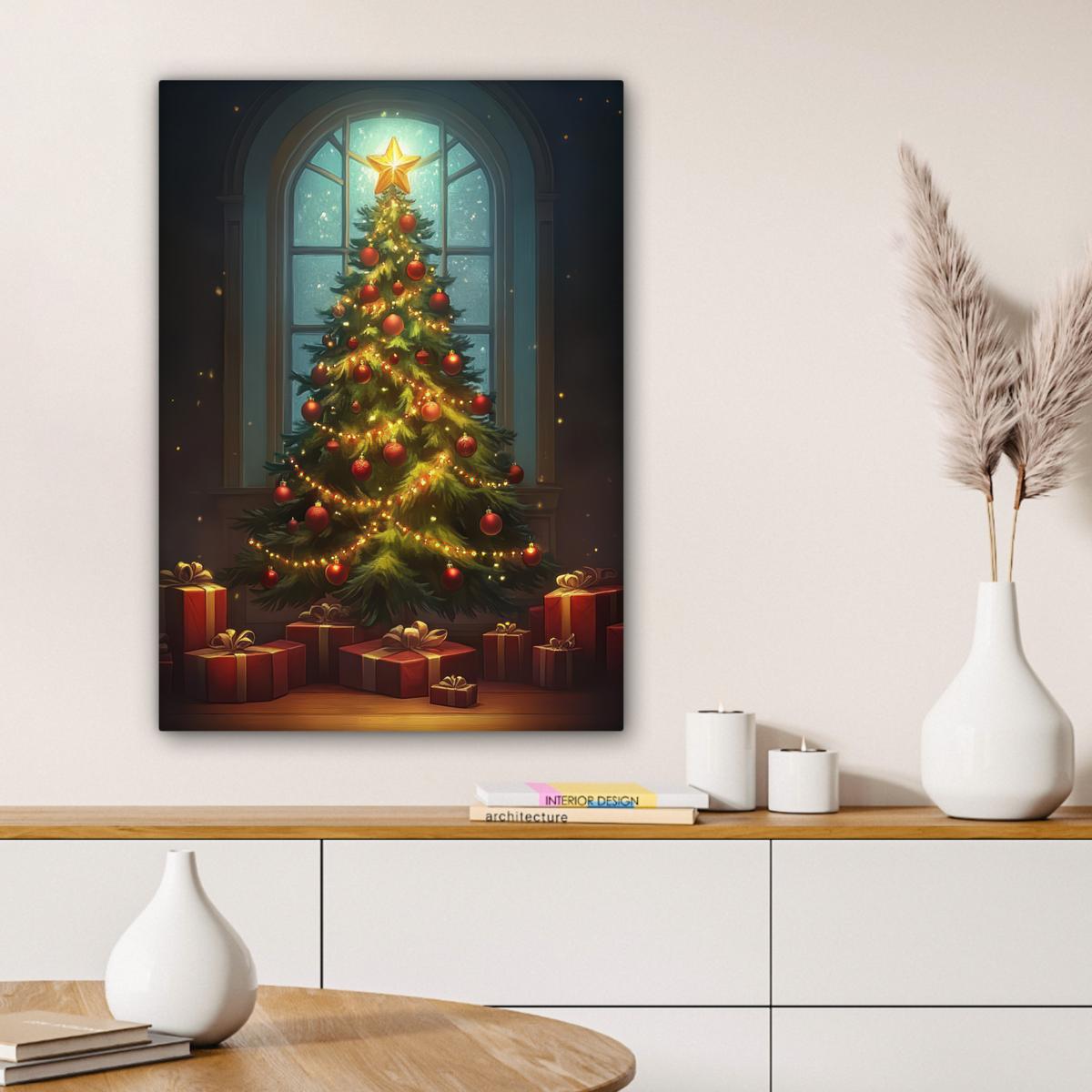 LEINWANDBILD Weihnachtsbaum - Geschenk - Winter Wandbild Wohnzimmer 60x80 cm - Grün, Textil (60/80cm) - MuchoWow
