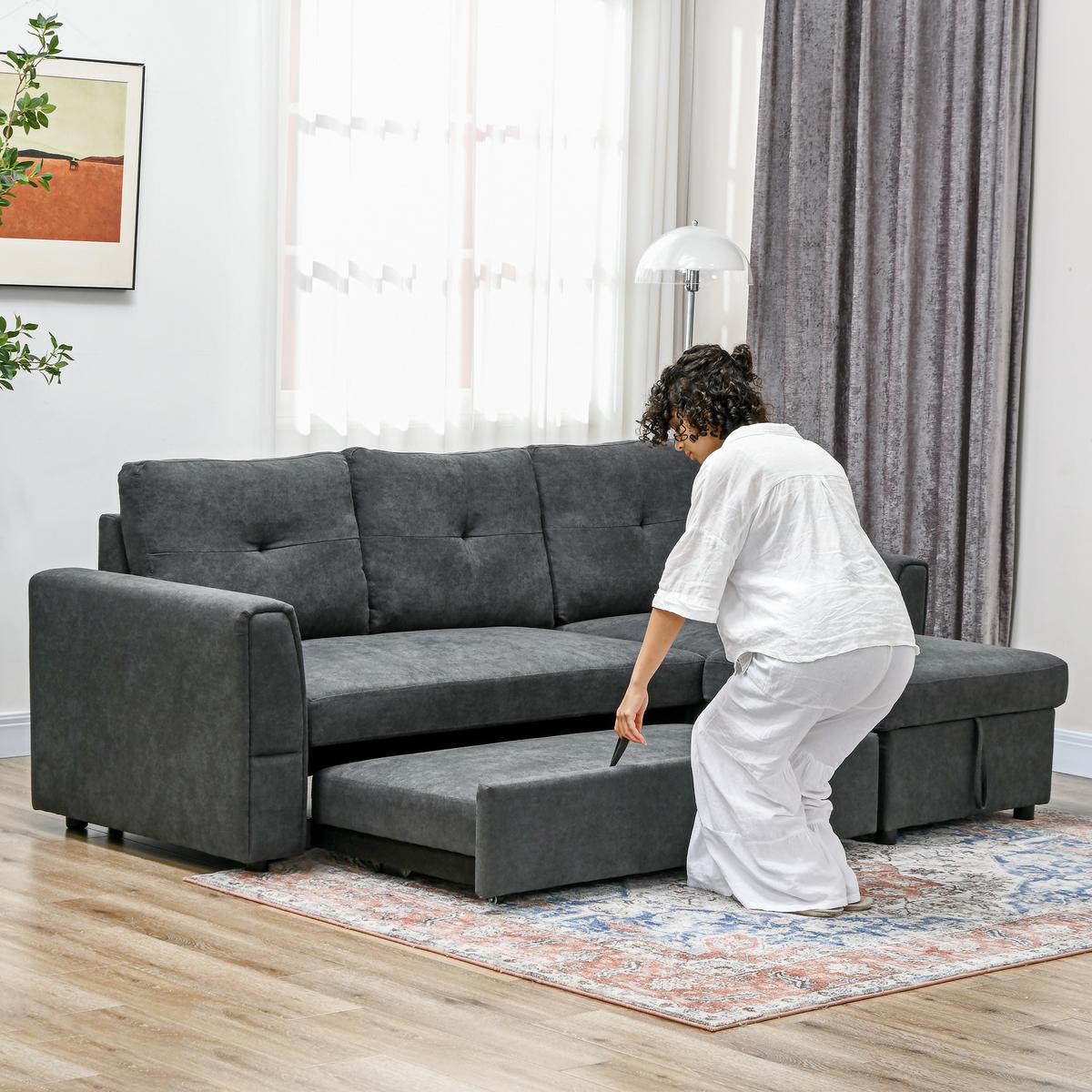 SCHLAFSOFA Ecksofa mit Bettfunktion, 3 Sitzer Couch mit Stauraum, Dunkelgrau - Dunkelgrau/Schwarz, Kunststoff/Textil (141/232cm) - HOMCOM