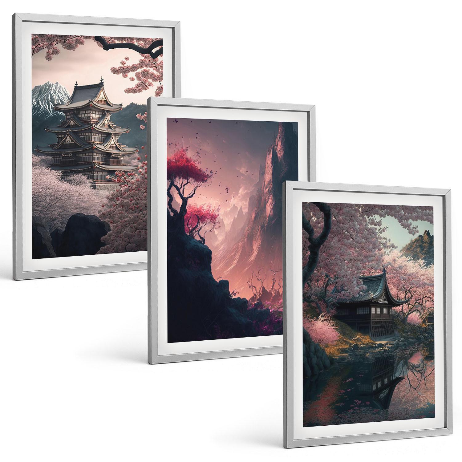 BILDER SET 3er Set - 40x60 cm Silberner Rahmen - Fantasielandschaften der japanischen Berge - Silberfarben, Kunststoff (40/60cm) - TULUP