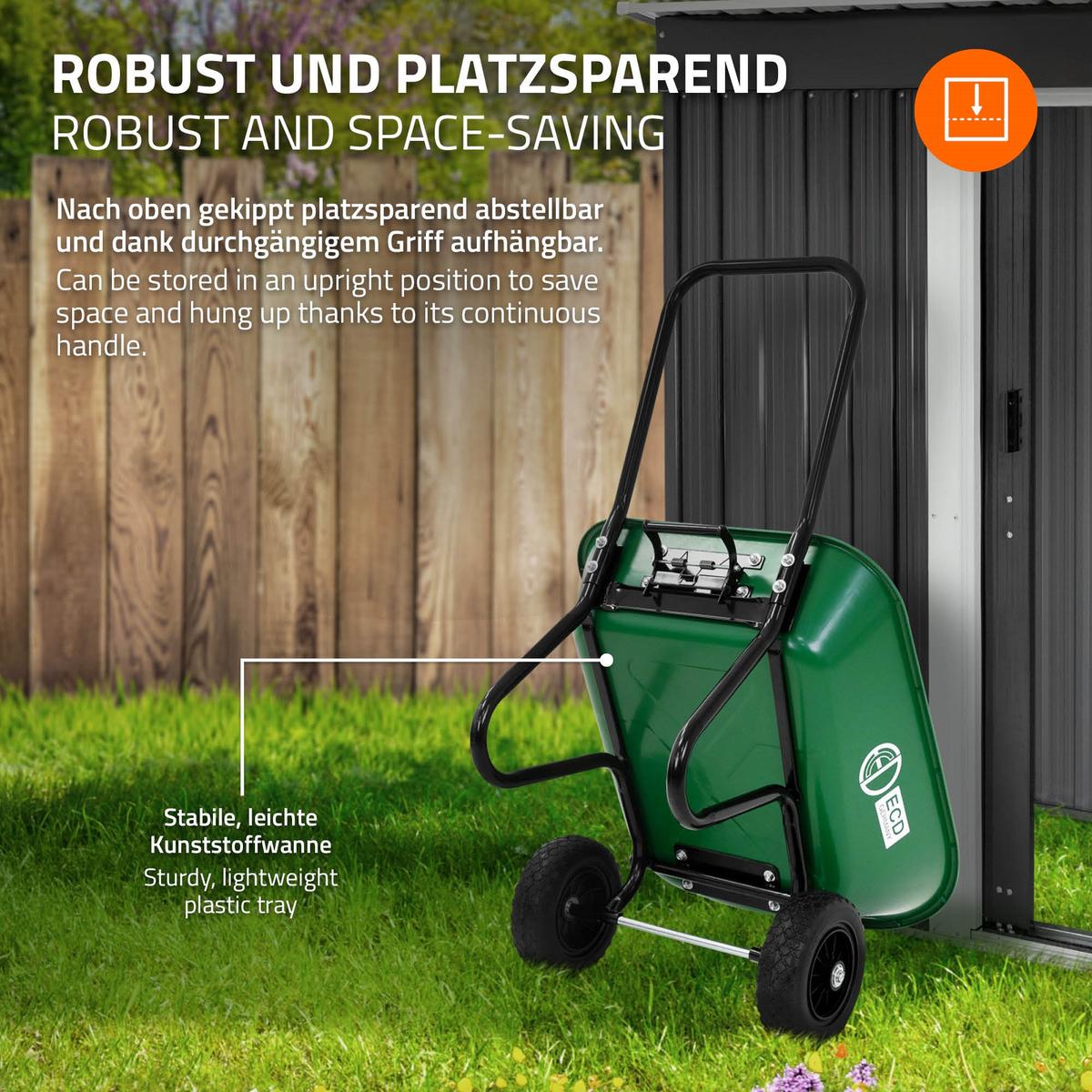 SCHUBKARRENWAGEN 78L mit Kippfunktion, Stahlrahmen, 2x PU-Reifen & PP-Wanne - Grün, Metall (63.5/83.5/123cm) - ECD-Germany