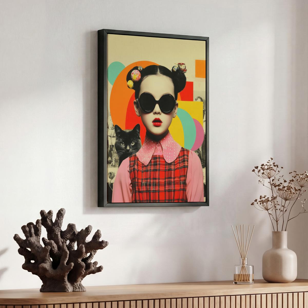LEINWAND Bilder mit Rahmen - Mädchen - Sonnenbrille - Katze - Retro - 30x40 - Beige, Textil (30/40cm) - MuchoWow