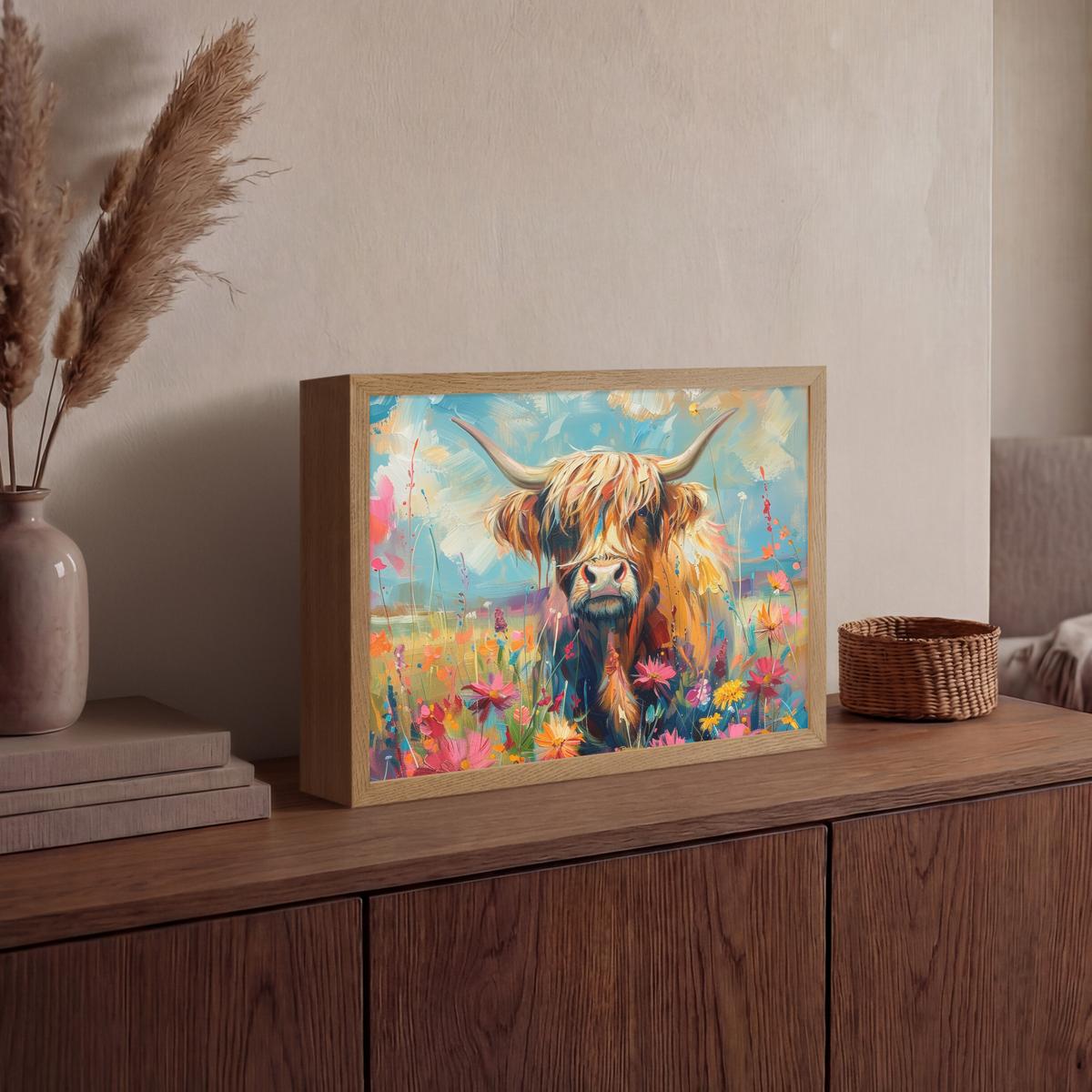 WANDLEUCHTE MIT AKKU Schottische Hochländer - Natur - Farbenfroh - Blumen 40x30 cm - Multicolor, Holzwerkstoff (40/30/8cm) - OnlyWow