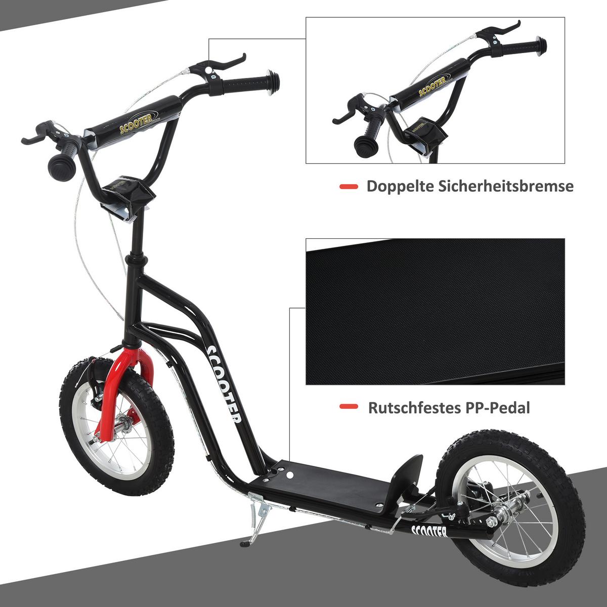 KINDERROLLER Lenker Verstellbar Tretroller mit Luftreifen 12 Zoll Schwarz - Schwarz, Metall (120/58/80cm) - HOMCOM