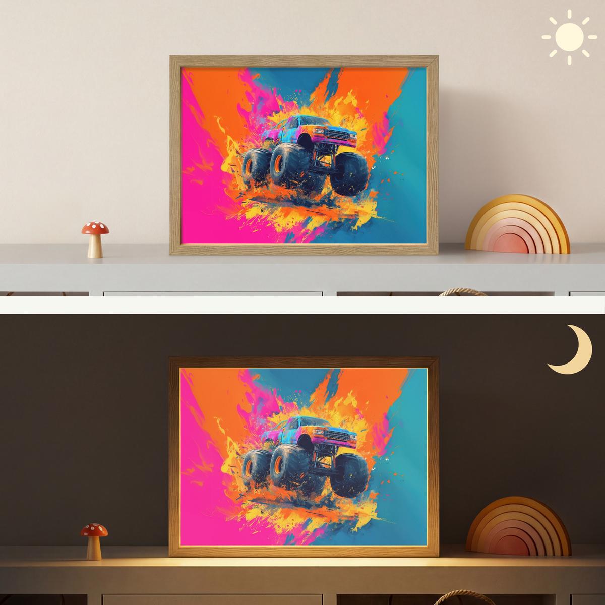 WANDLEUCHTE MIT AKKU Monstertruck - Abstrakt - Farbspritzer - Farbenfroh 40x30 cm - Pink, Holzwerkstoff (40/30/8cm) - OnlyWow