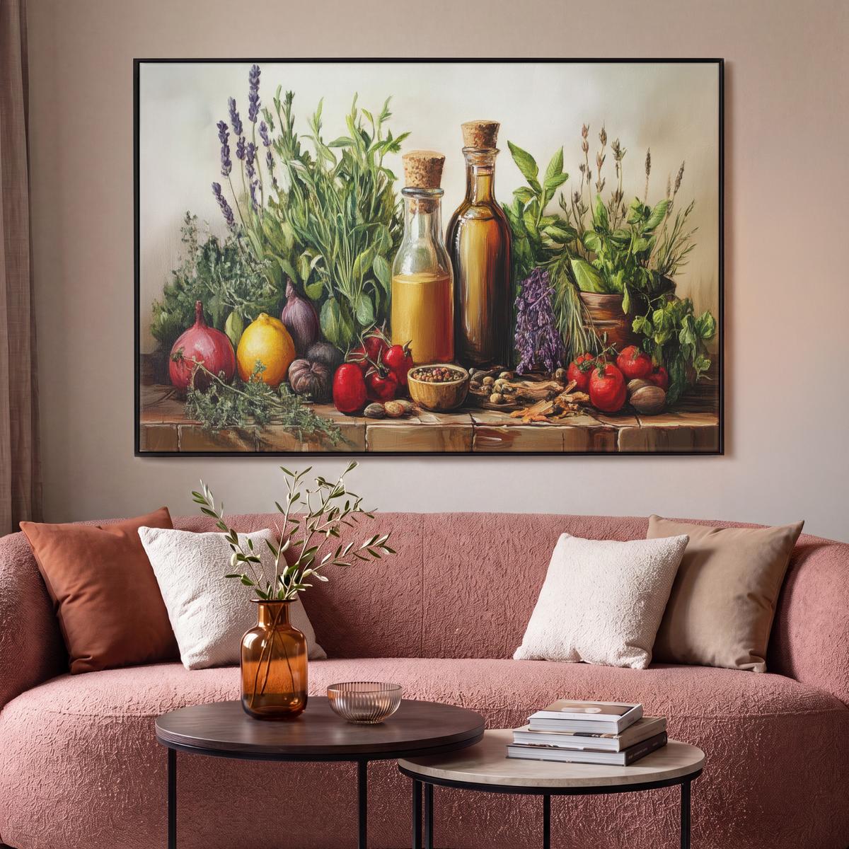 LEINWAND Bilder mit Rahmen - Stilleben - Kräuter - Gewürze - Früchte - Farbenfroh - 150x100 - Grün, Textil (150/100cm) - MuchoWow