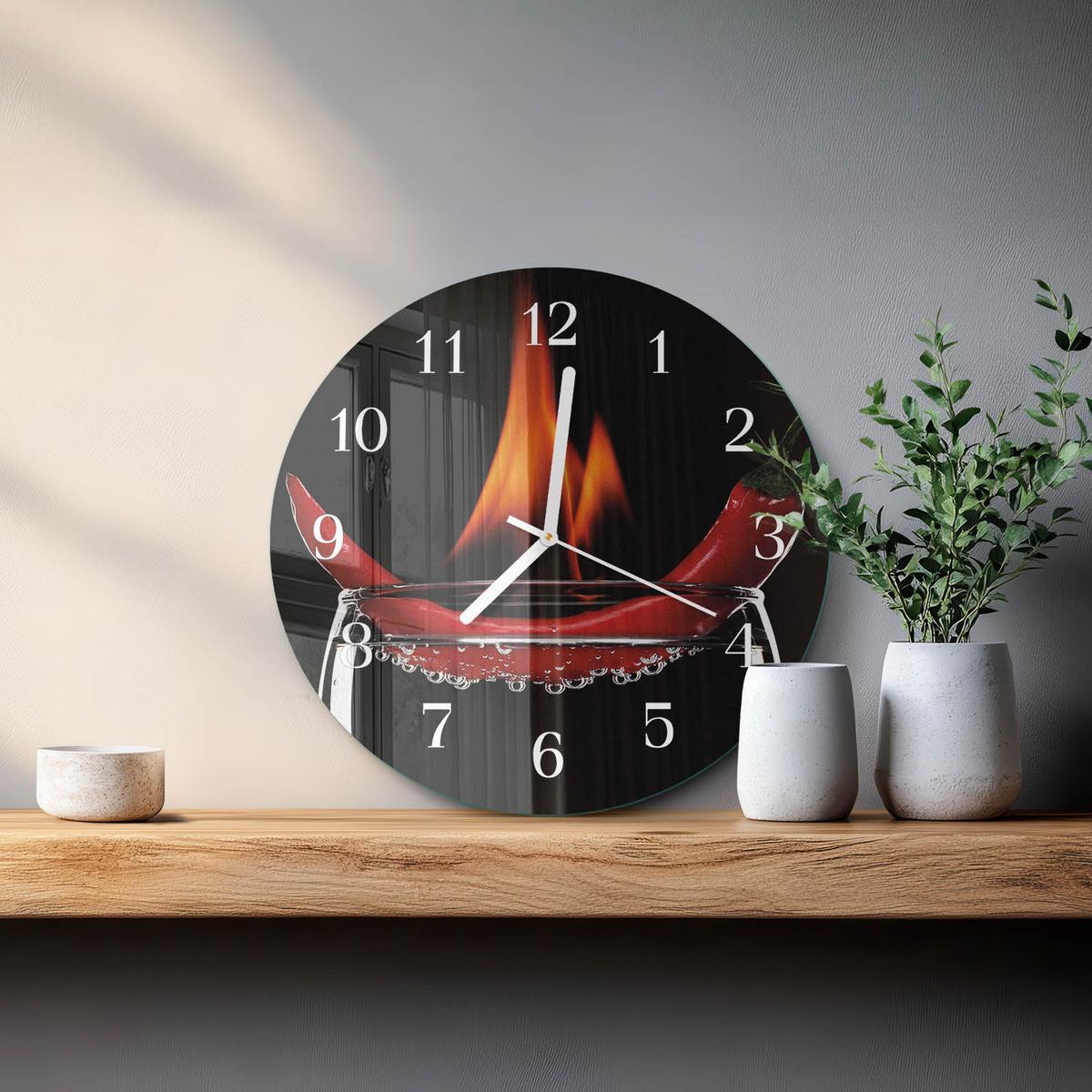 WANDUHR aus Glas Ø30 cm - Chili-Feuer - Rot, Glas (30/30/0.4cm) - TULUP