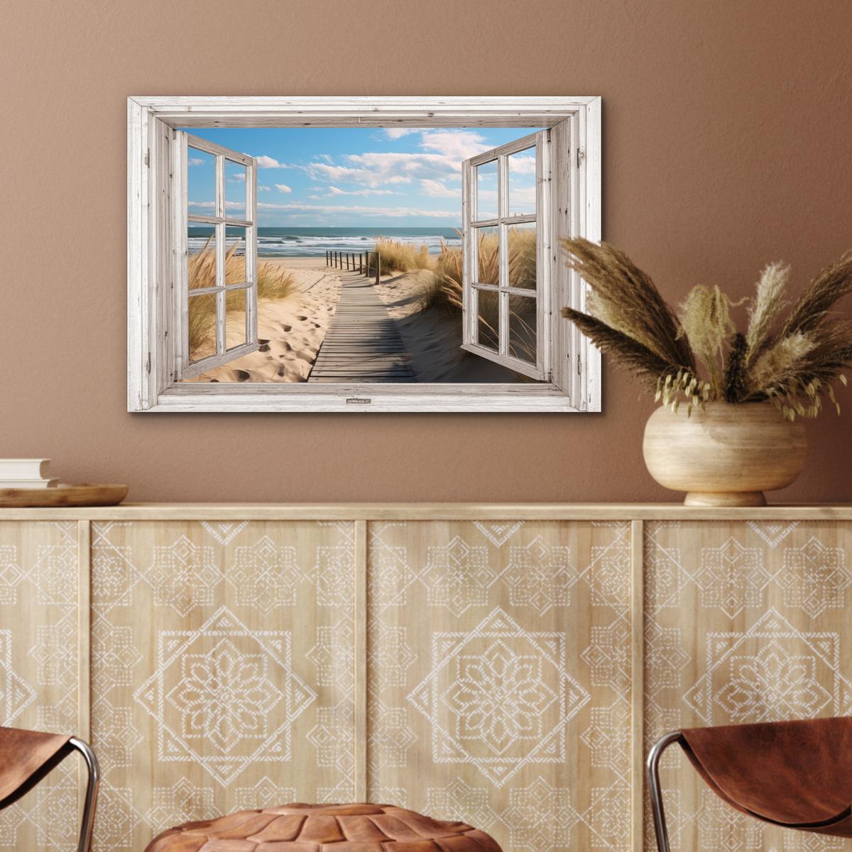 METALLBILD Fenster - Meer - Küste - Natur - Ausblick - Strand - Wattenmeer Wandbild 60x40 cm - Beige, Metall (60/40cm) - MuchoWow