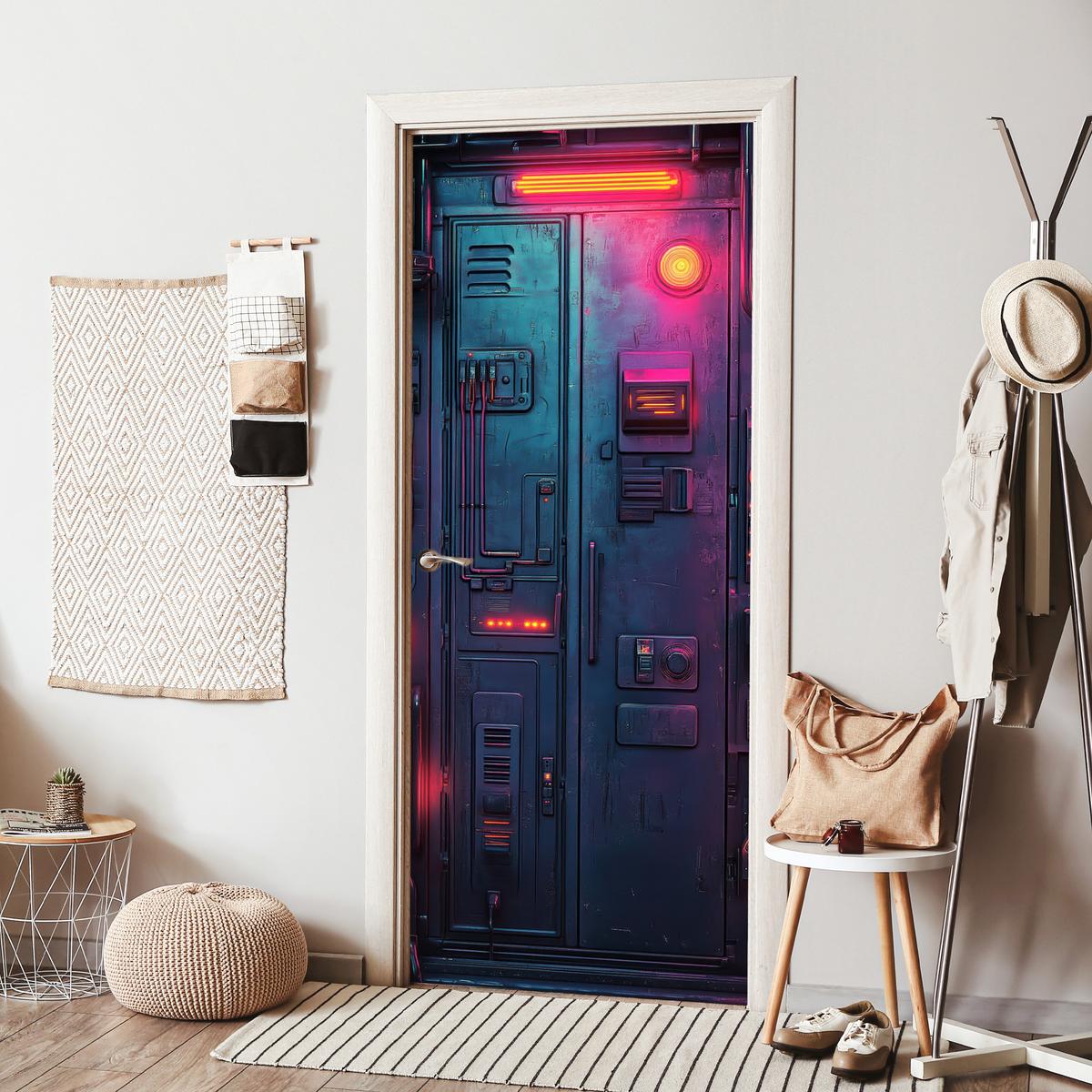 TÜRAUFKLEBER Tür - Futuristisch - Blau - Rosa - Neon 90x215 cm - Türtapete - Anthrazit, Kunststoff (90/0.1cm) - MuchoWow