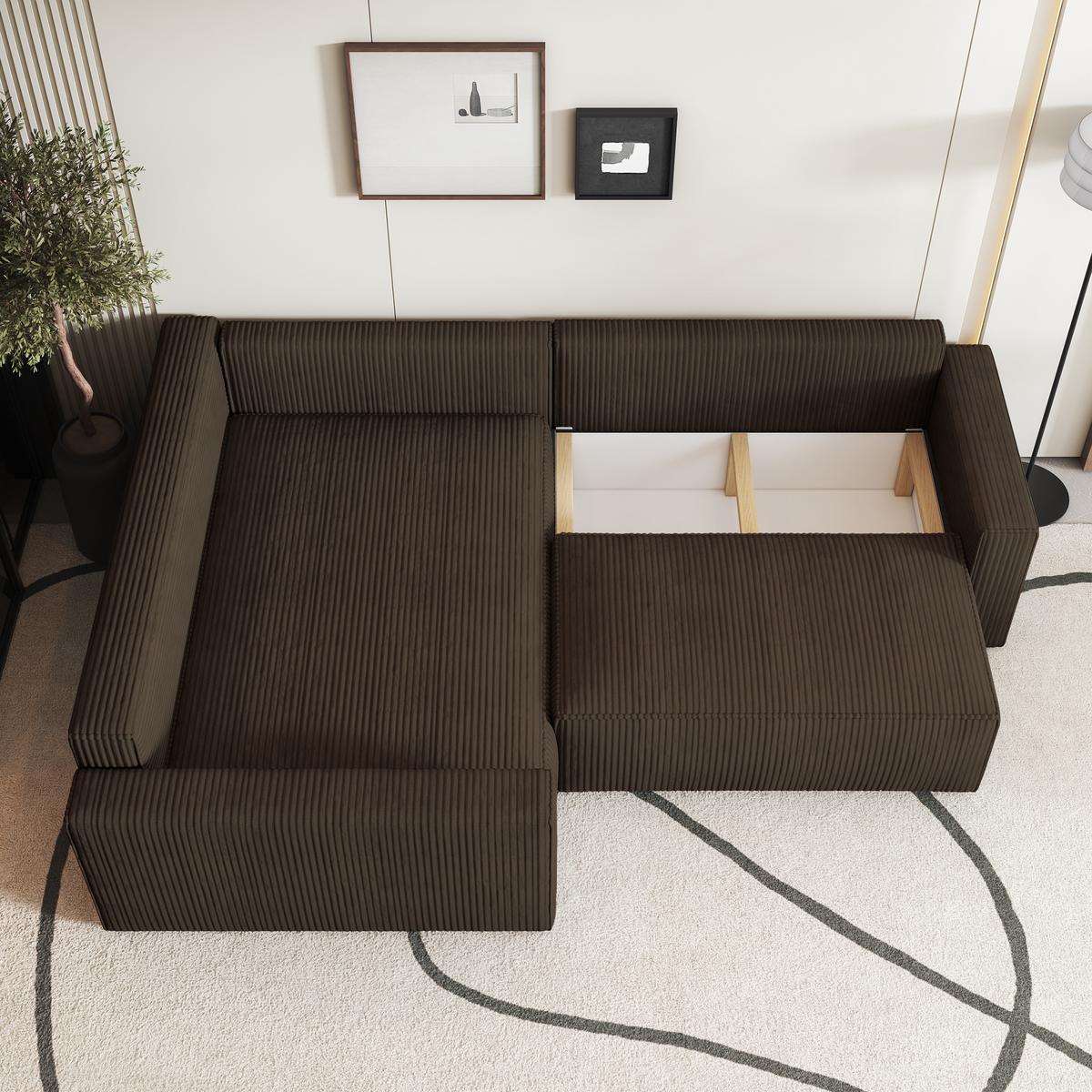 ECKSOFA ERONIS L-S Braun Kordstoff mit Schlaffunktion - Braun, Holz (265/194cm) - MASSENO