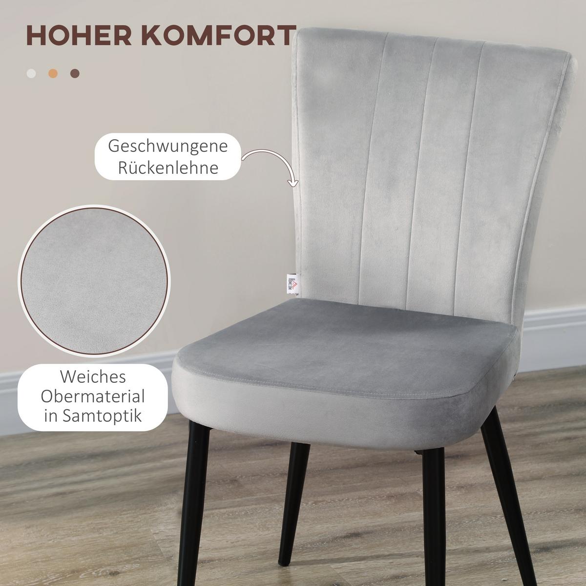 ESSZIMMERSTUHL, 4er-Set Küchenstühle, Essstuhl mit Rückenlehne, Samtoptik Grau - Grau, Kunststoff (65/87/46cm) - HOMCOM