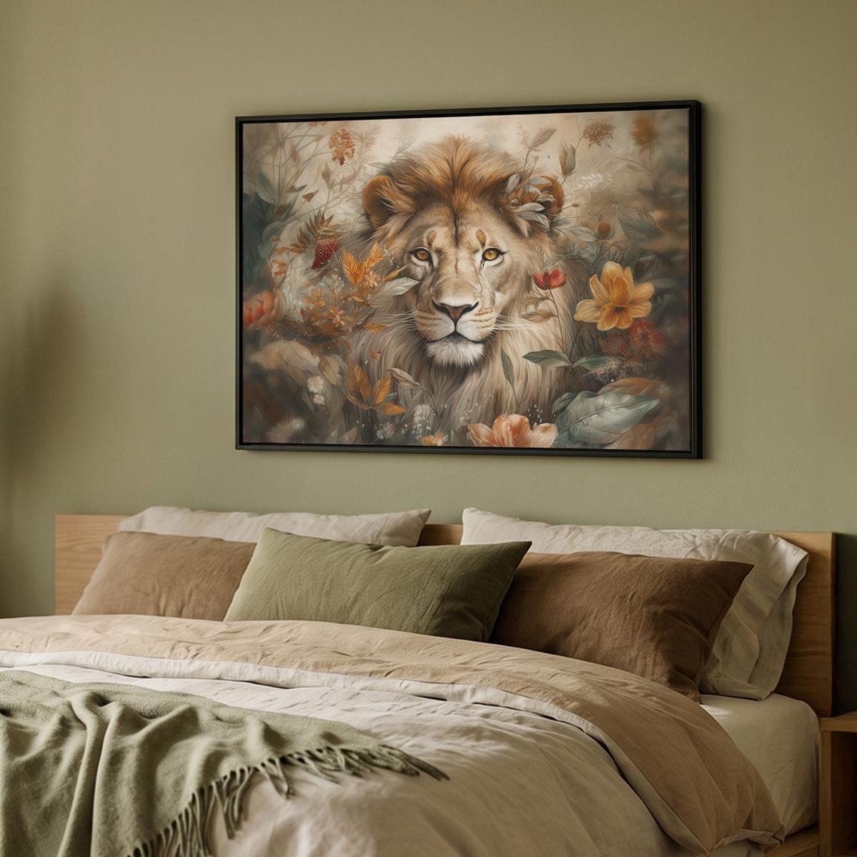 LEINWAND Bilder mit Rahmen - Löwe - Wildtiere - Pflanzen - Natur - Blumen - 100x70 - Beige, Textil (100/70cm) - MuchoWow