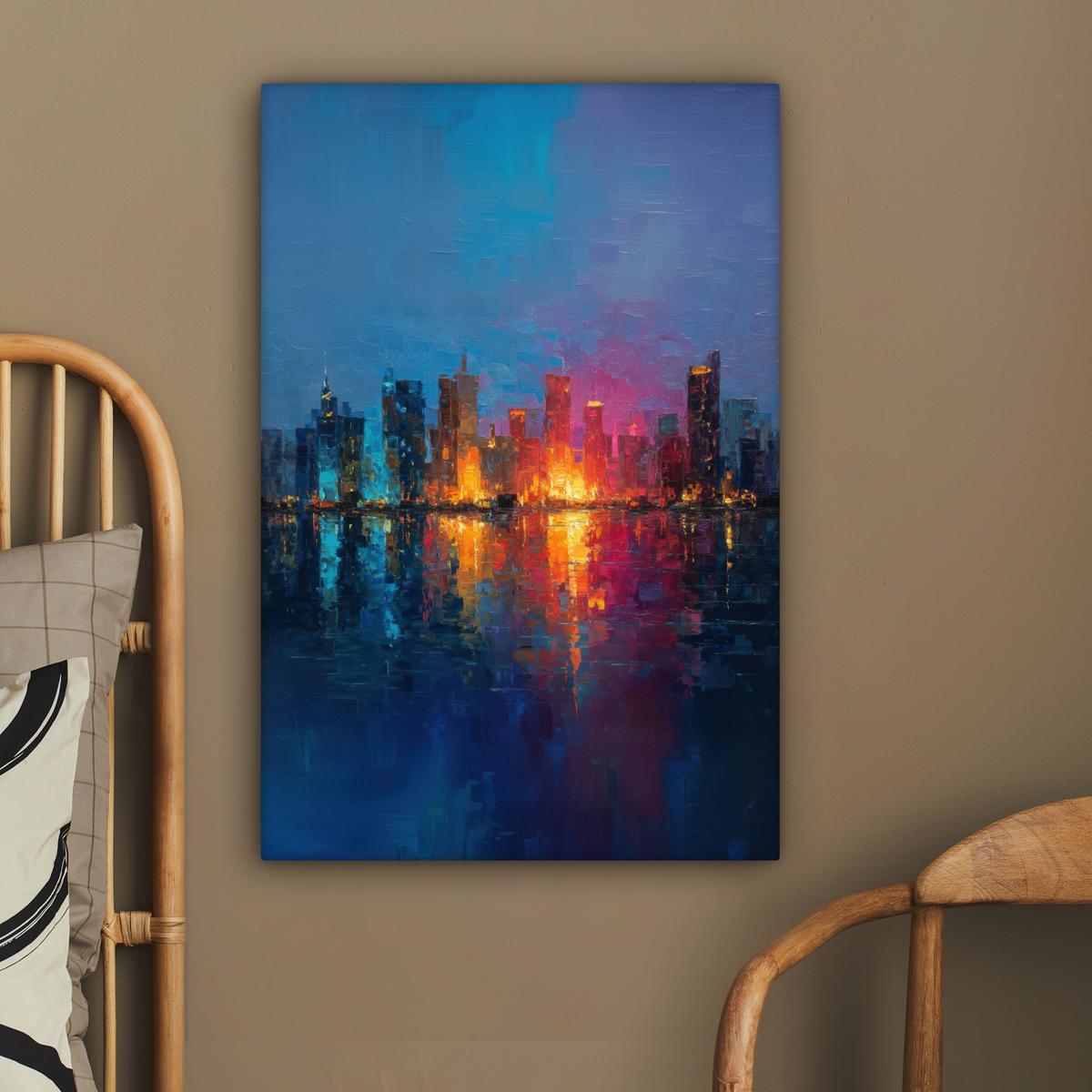 LEINWANDBILD Skyline - Pinselstriche - Dunkelblau - Leuchtend Wanddeko Schlafzimmer 60x90 cm - Blau, Textil (60/90cm) - MuchoWow