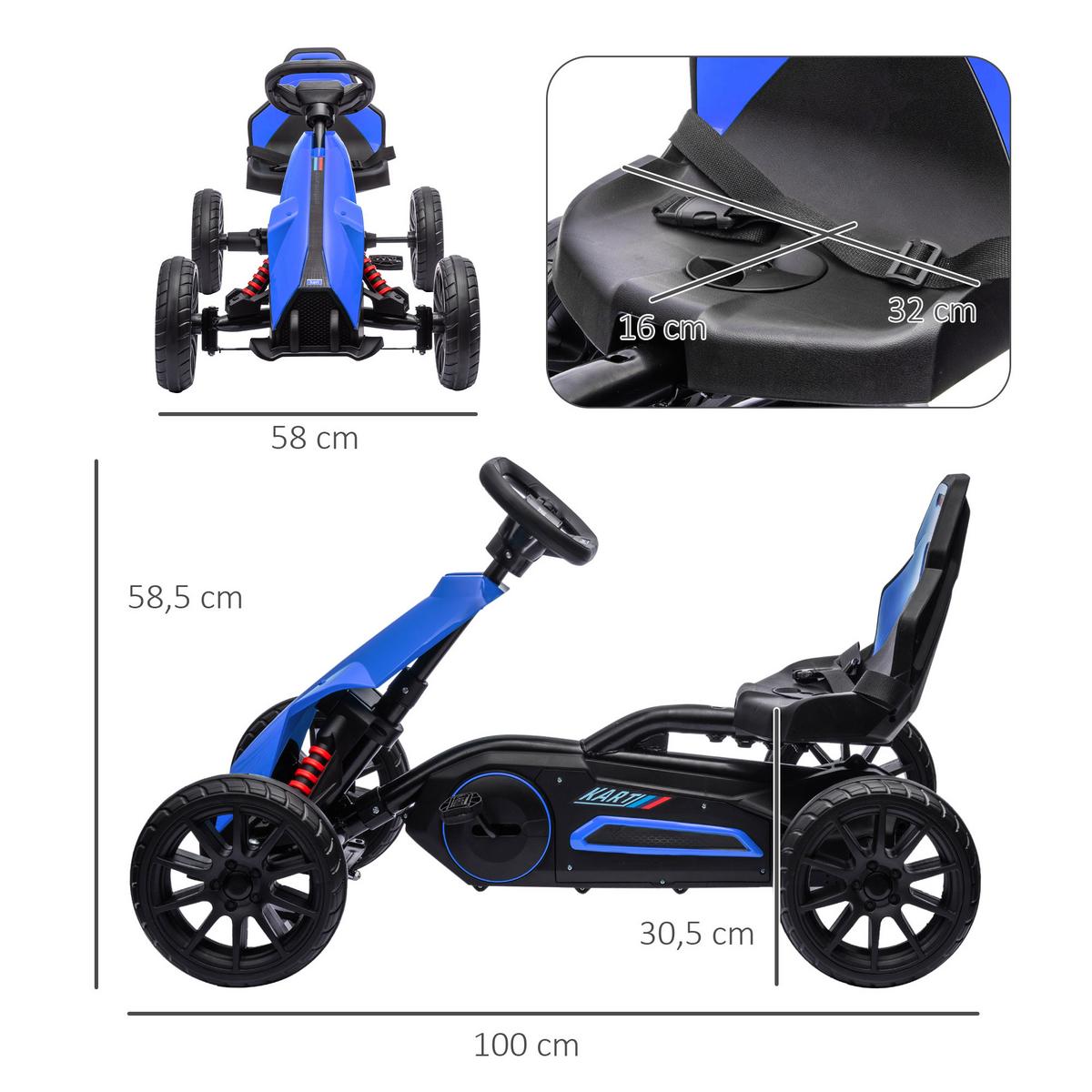 KINDER GO KART TRETAUTO, Blau/Rot, Metall+ Kunststoff - Blau, Metall (100/58/58.5cm) - HOMCOM