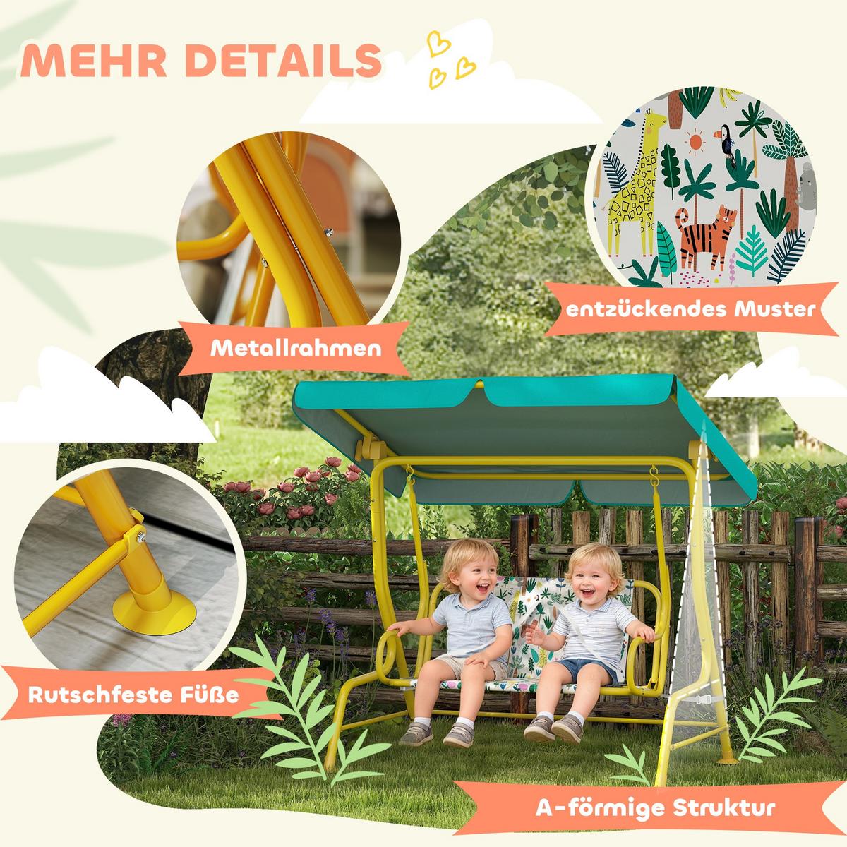 KINDER Hollywoodschaukel, 2-Sitzer Kinderschaukel mit verstellbarem Sonnendach - Gelb/Grün, Textil/Metall (75/120/112cm) - AIYAPLAY
