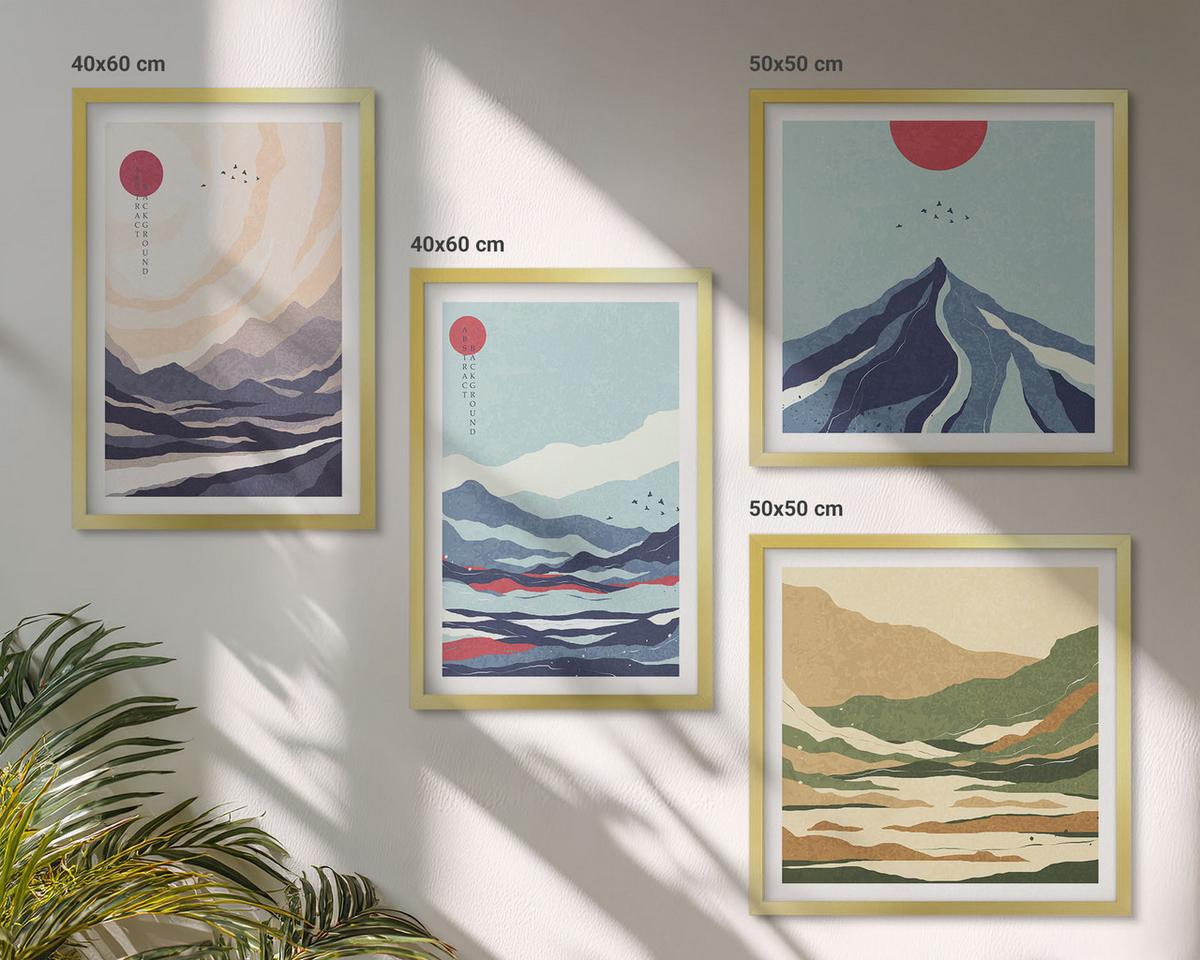 BILDER SET 4er Set - 50x50 cm & 40x60 cm Goldrahmen - Abstrakte Berglandschaften - Goldfarben, Kunststoff (50/50cm) - TULUP