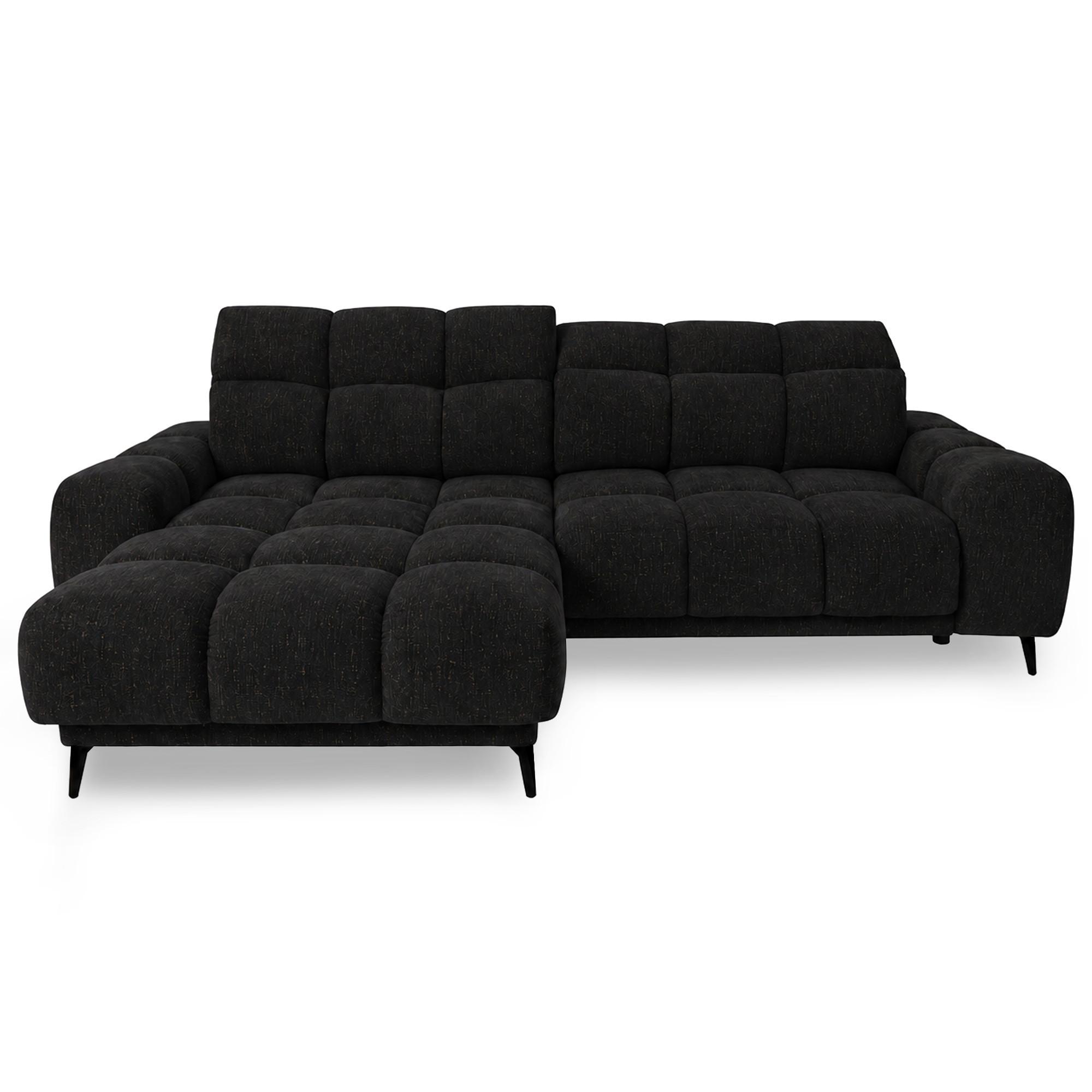 ECKSOFA Marco Mini mit elektrisch ausfahrbarem Sitz und verstellbaren Kopfstützen, Links, Chenille-Stoff, Schwarz - Schwarz, Textil (275/182cm) - Beautysofa
