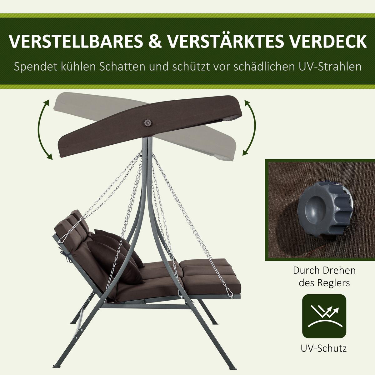 HOLLYWOODSCHAUKEL 3-Sitzer Gartenschaukel Verstellbares Dach Texteline Braun - Braun, Metall (118/168/198cm) - Outsunny
