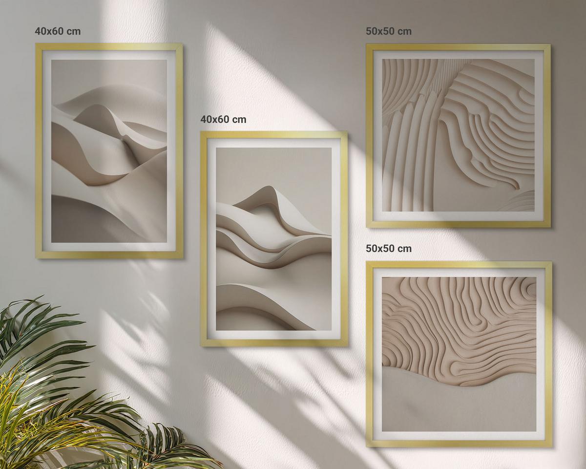 BILDER SET 4er Set - 50x50 cm & 40x60 cm Goldrahmen - Abstrakte beige Wellen - Goldfarben, Kunststoff (50/50cm) - TULUP