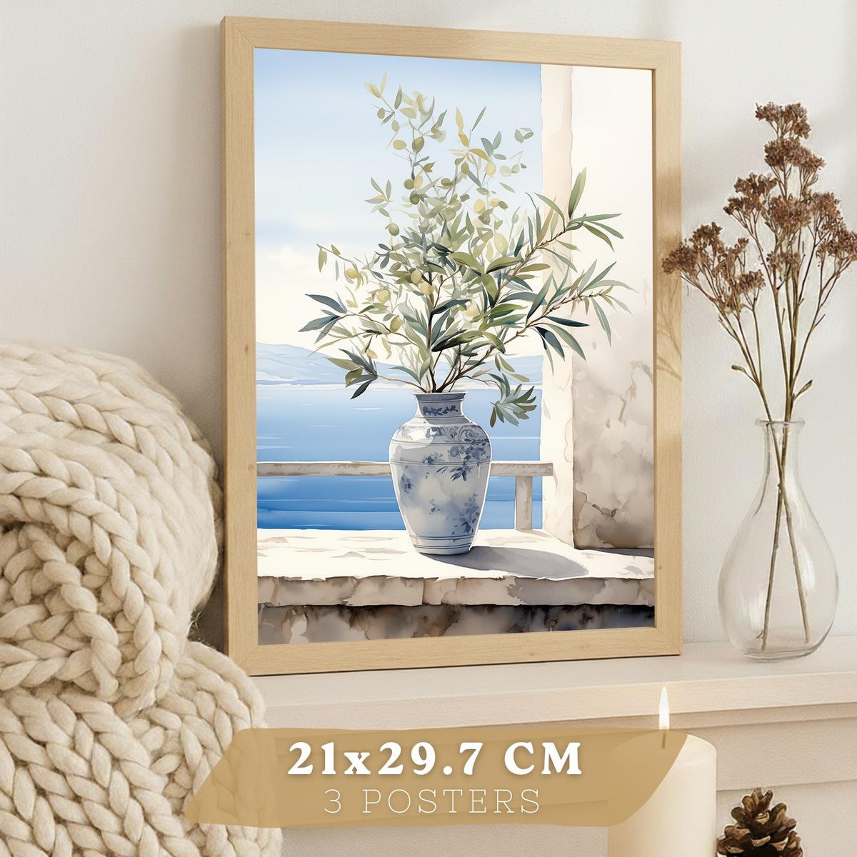 POSTER 3er Bilder-Set Wandbilder Maritim Aquarell Blau modern ohne Rahmen – Wohnzimmer Deko, Schlafzimmer, Küche, Badezimmer Leichter Holzrahmen A3 - Beige, Papier (29.7/1/42cm) - Nacnic