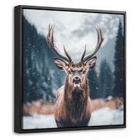 LEINWAND Bilder mit Rahmen - Hirsche - Tiere - Landschaft - Winter - Schnee - 20x20 - Kastanienfarben, Textil (20/20cm) - MuchoWow