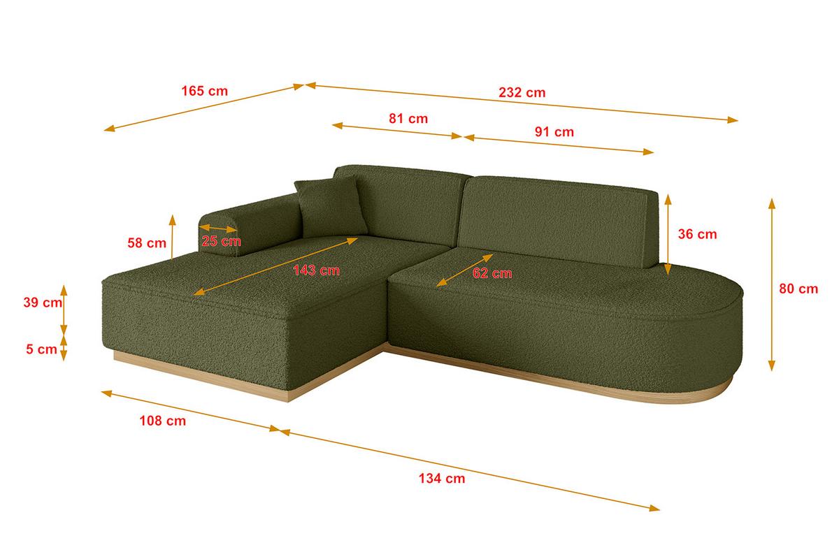 ECKSOFA Ottomane Links IREA-L1-v2 - 232x165x80 cm Grün - Platinfarben, Holzwerkstoff/Textil (232/165cm) - ALTDECOR