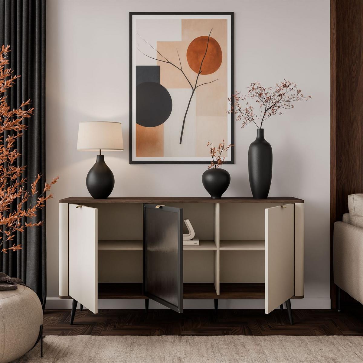 KOMMODE auf Füßen AUTUMN 2D1W mit Glasfront, Kaschmir / Nussbaum - Beige, Holzwerkstoff (160/82/40cm) - Lookway
