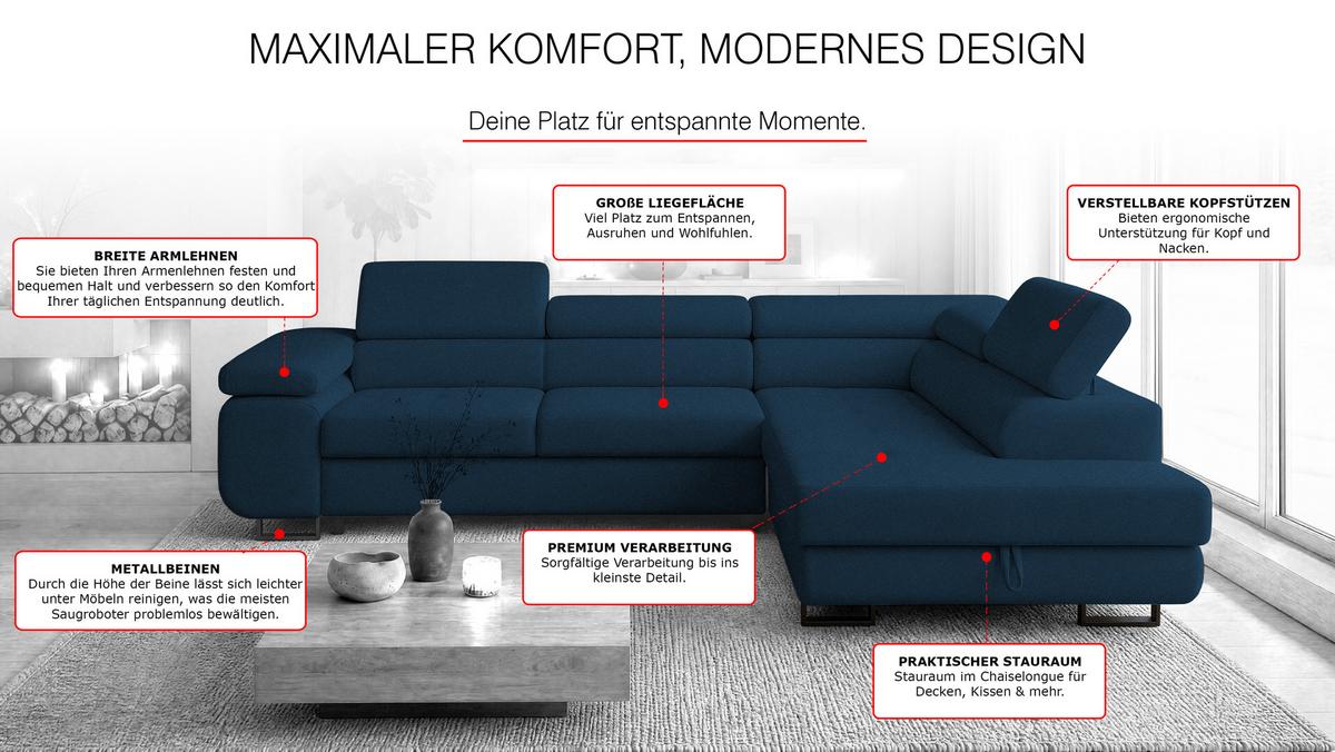 ECKSOFA Velmo mit Bettkasten und Schlaffunktion, verstellbaren Kopfstützen, in L-Form - Blau, Textil (275/203cm)