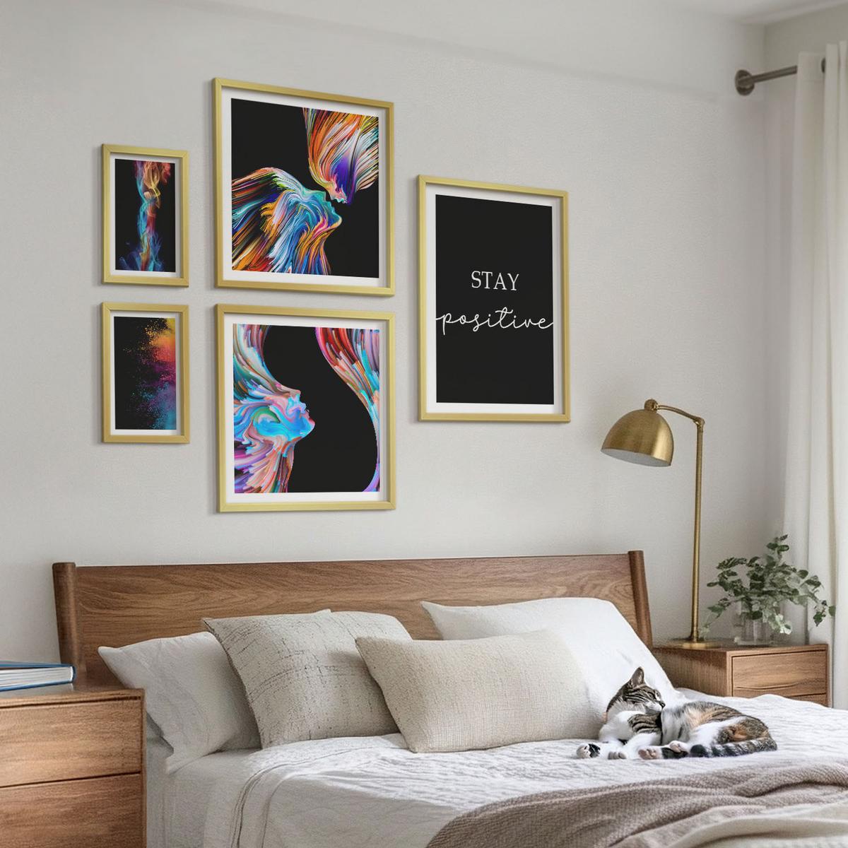 BILDER SET 5er Set - 50x50 cm & 20x30 cm & 40x60 cm Goldrahmen - Rosa geometrische Pfingstrosen - Goldfarben, Kunststoff (40/60cm) - TULUP