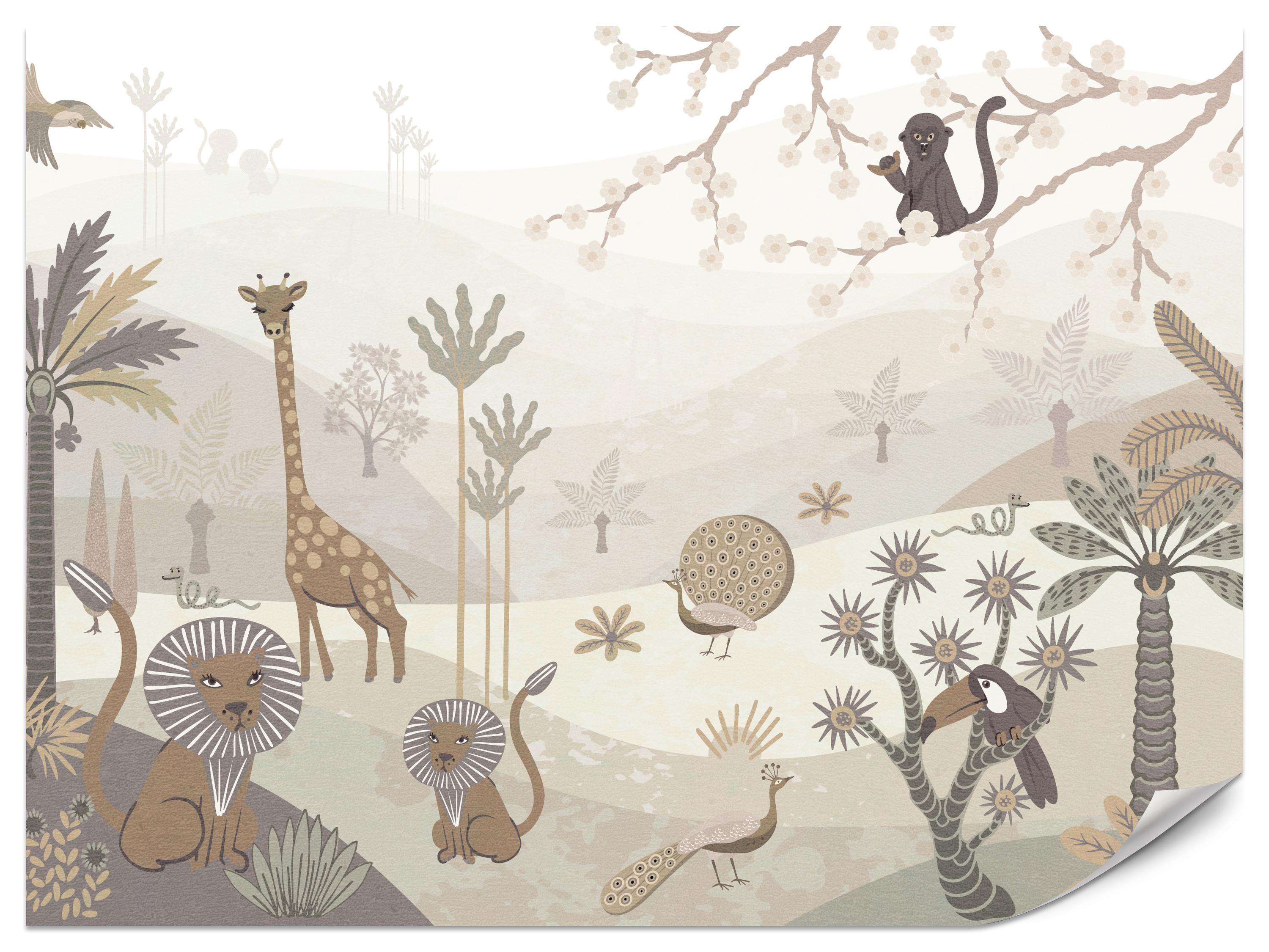 FOTOTAPETE für Kinderzimmer Safari Wilde Tiere Dschungel Boho Palmen Giraffe 400x280 - Beige/Creme, Papier (400/280cm) - Muralo