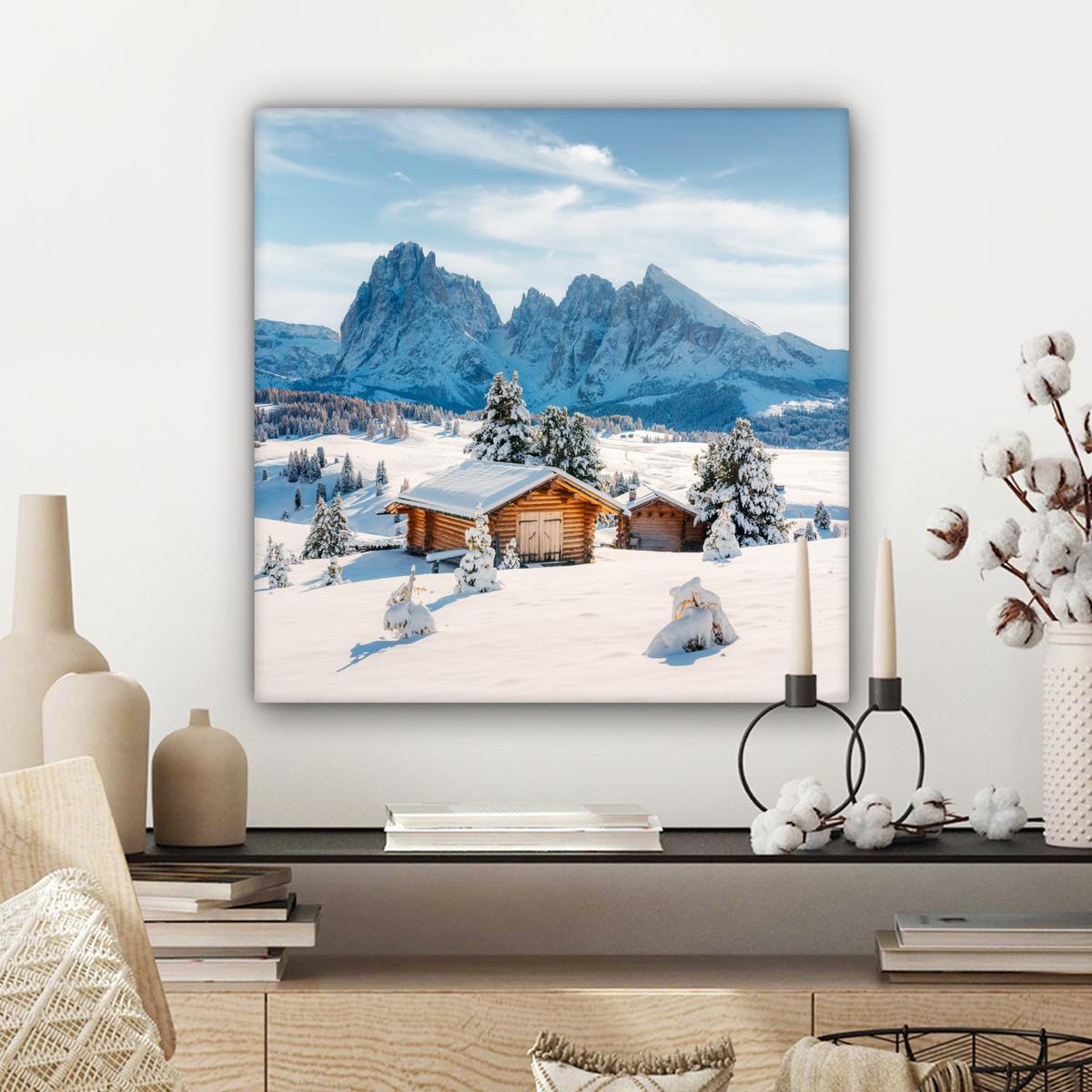 LEINWANDBILD Winter - Hütte - Berge - Aussicht - Schnee Wandbild Wohnzimmer 50x50 cm - Eichefarben, Textil (50/50cm) - MuchoWow