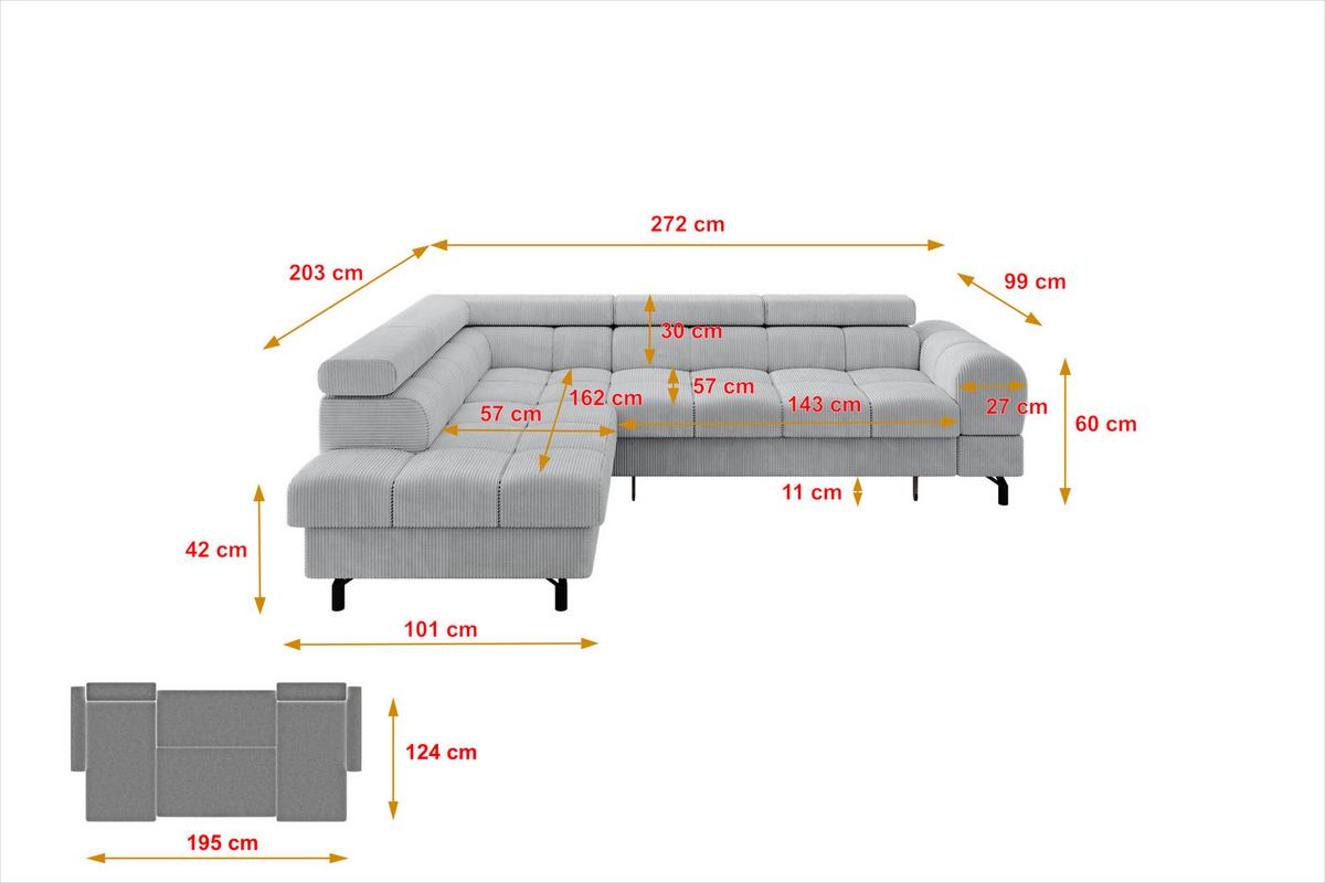 ECKSOFA mit Schlaffunktion Ottomane Links LUMA-L 272x203x70 Grau Cord - Anthrazit/Schwarz, Holzwerkstoff/Kunststoff (272/203cm) - ALTDECOR