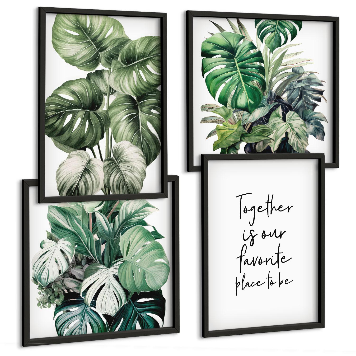 BILDER SET 4er Set - 50x50 cm & 40x60 cm Schwarzer Rahmen - Dekoration aus grünen tropischen Blättern - Schwarz, Kunststoff (50/50cm) - TULUP
