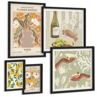 BILDER SET 5er Set - 50x50 cm & 20x30 cm & 40x60 cm Schwarzer Rahmen - Blumenposter Paris Mailand - Schwarz, Kunststoff (40/60cm) - TULUP