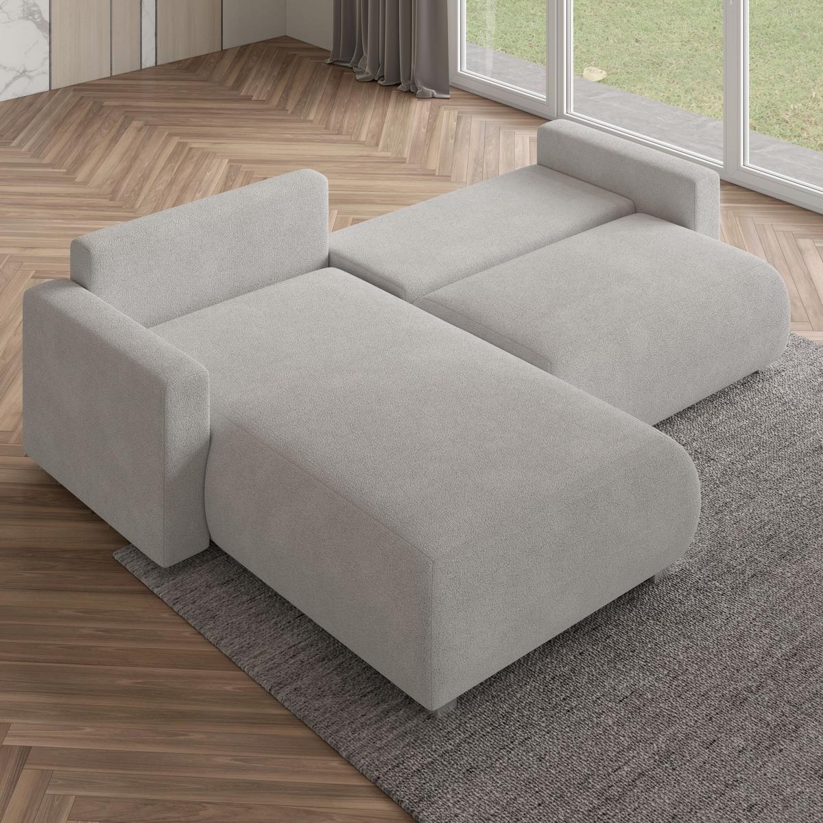 ECKSOFA TURIN N Blau Bucle-Stoff mit Schlaffunktion - Blau/Grau, Holz/Kunststoff (265/183cm) - MASSENO