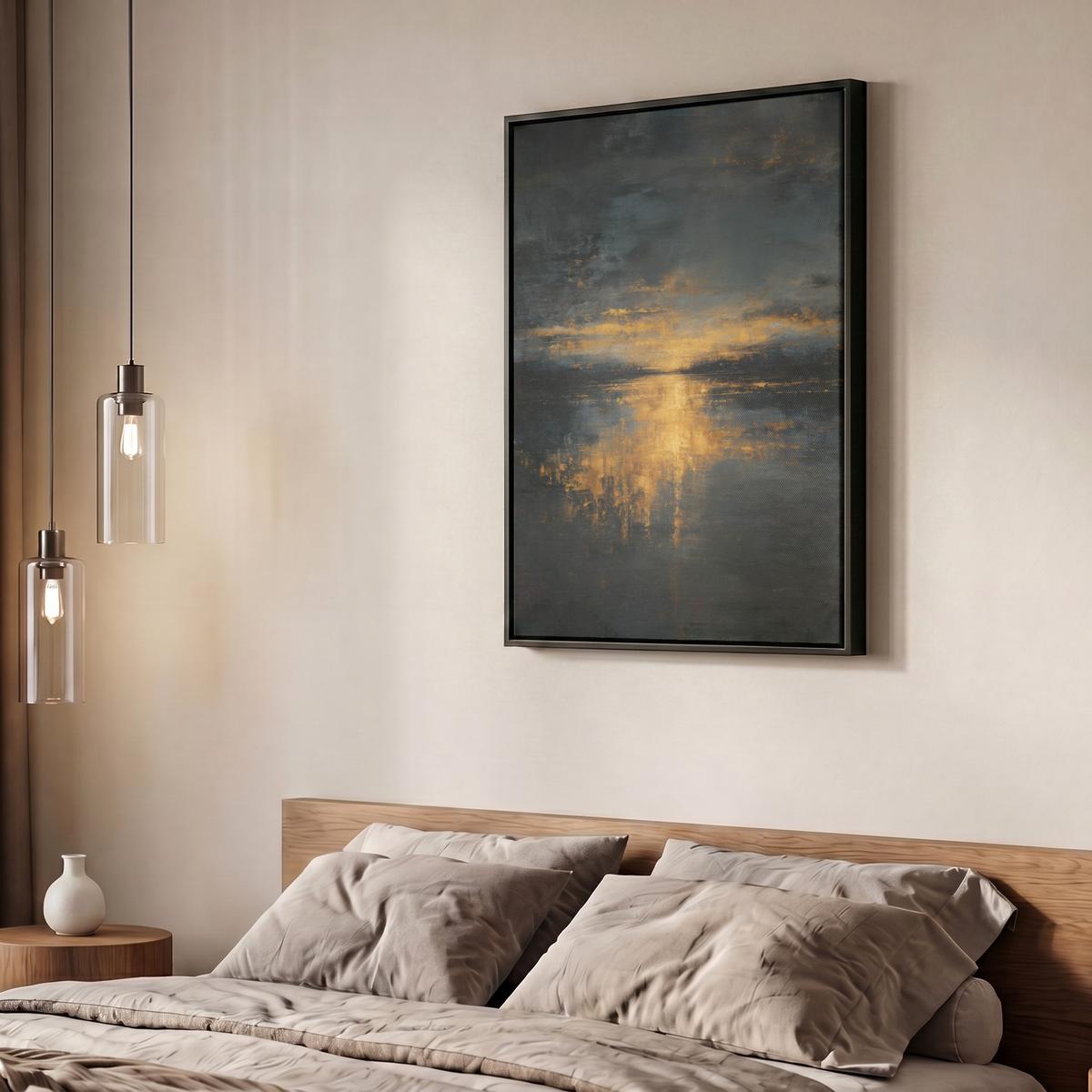 LEINWAND Bilder mit Rahmen - Goldene Reflexion auf dem Wasser - 50x70 - Anthrazit, Textil (50/70cm) - MuchoWow