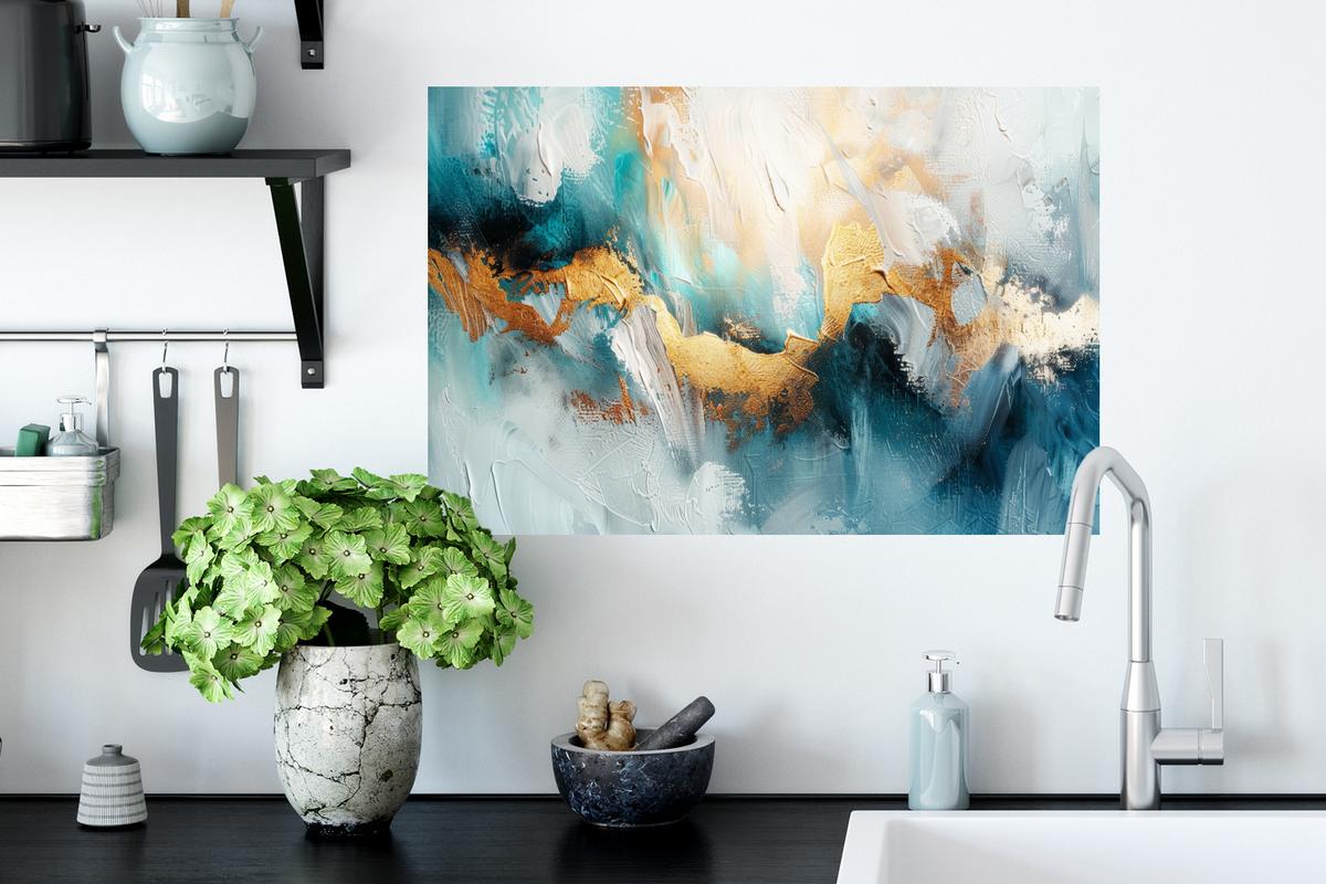WANDTATTOO Abstrakt - Kunst - Gold - Blau Deko Wohnzimmer 60x40 cm - Petrol, Kunststoff (60/40/0.1cm) - MuchoWow