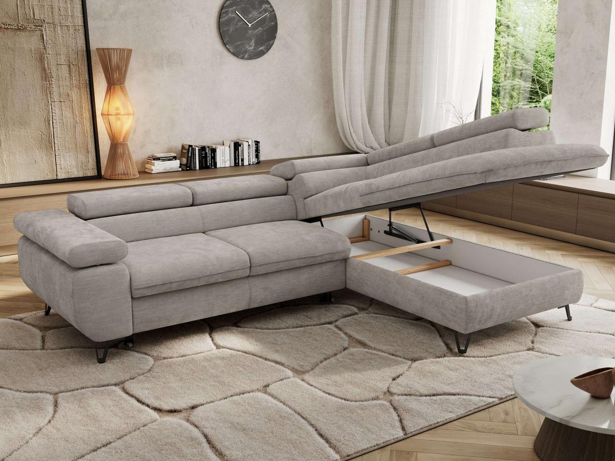 ECKSOFA PABLO L Hellgrau Schenille glatt - Rechts Seite mit Visco Topper - Hellgrau/Schwarz, Textil/Metall (273/208cm) - MKS