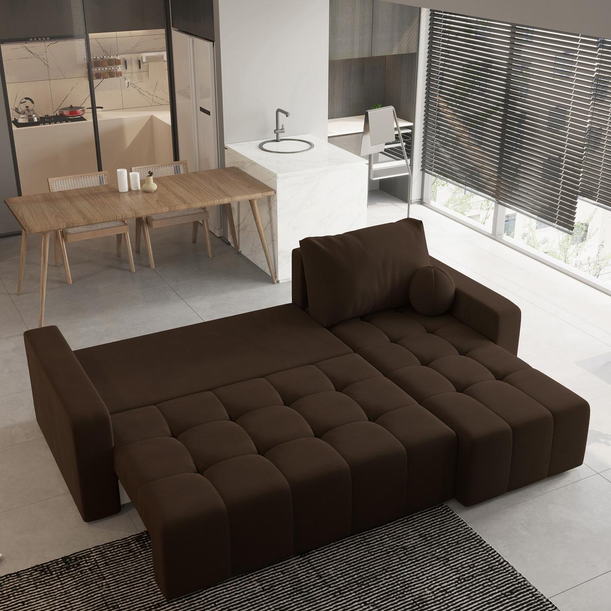 ECKSOFA VOLIRA Braun Plüsch-Stoff mit Schlaffunktion - Braun, Holz (230/143cm) - MASSENO